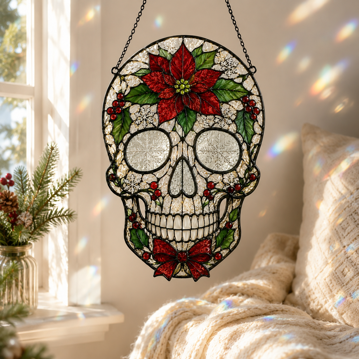 Christmas Skull Suncatcher | Poinsettia Stained Glass Style Window Hanging | Gothic Holiday Decor | Car Ornament Gift