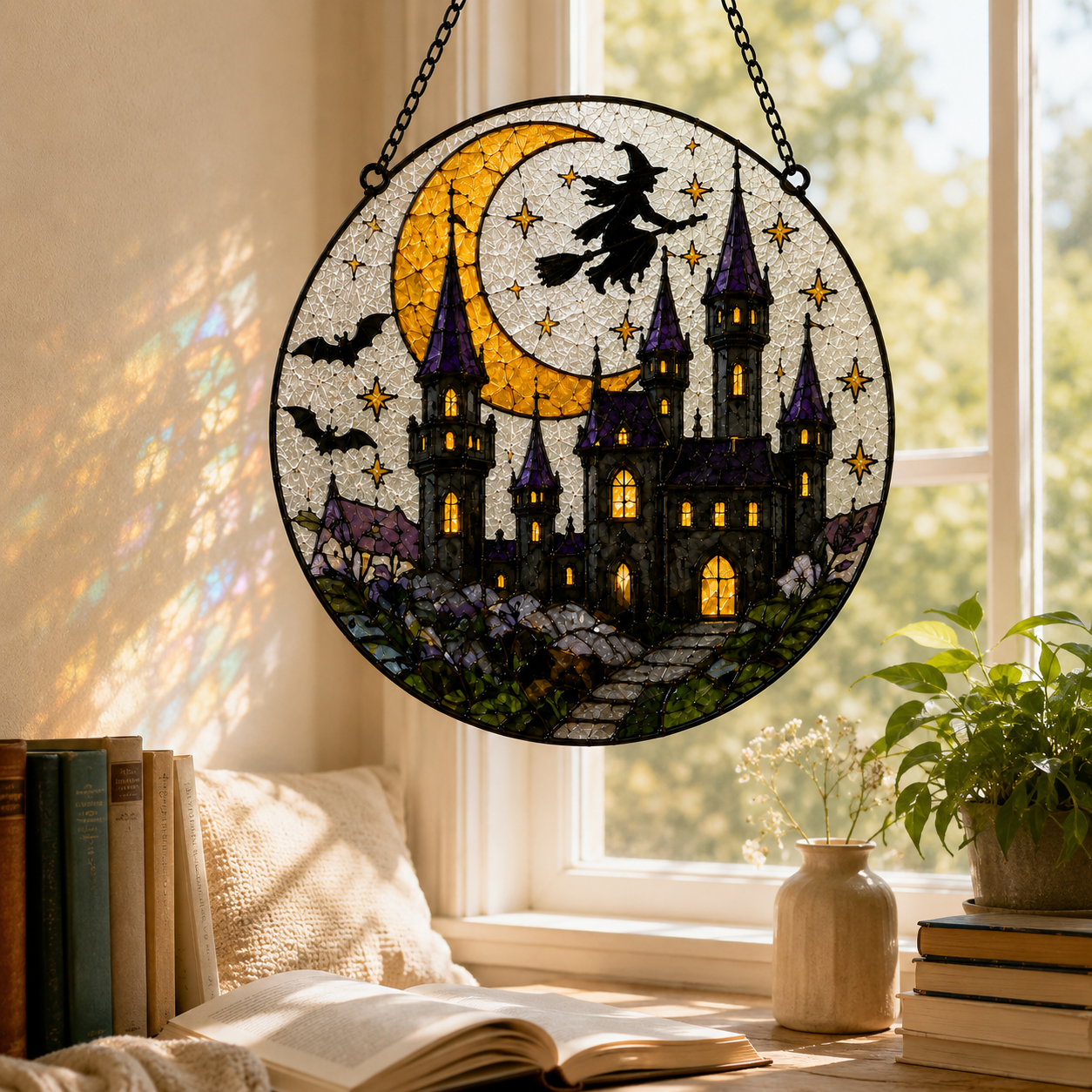 Personalized Cute Ghost Suncatcher with Name | Halloween Stained Glass Style Window Hanging | Witch Hat Car Ornament Gift