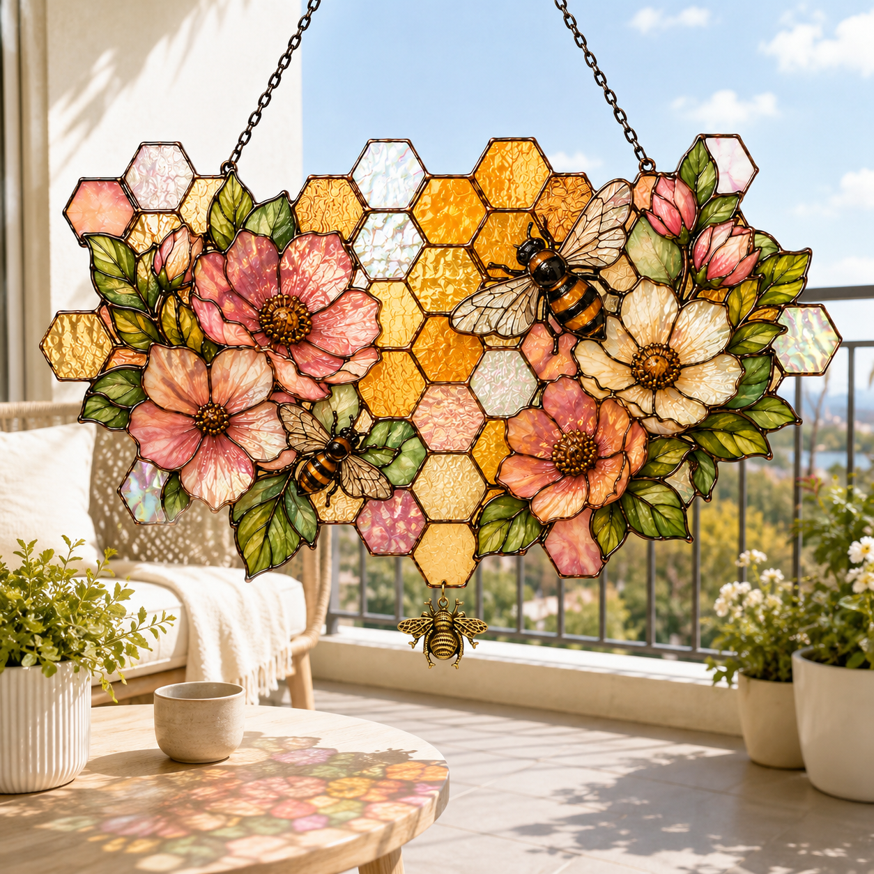 5 Style Bee Honeycomb Suncatcher with Vintage Brass Bee Charm | Floral Window Hanging | Bee Lover Gift | Cottagecore Car Ornament