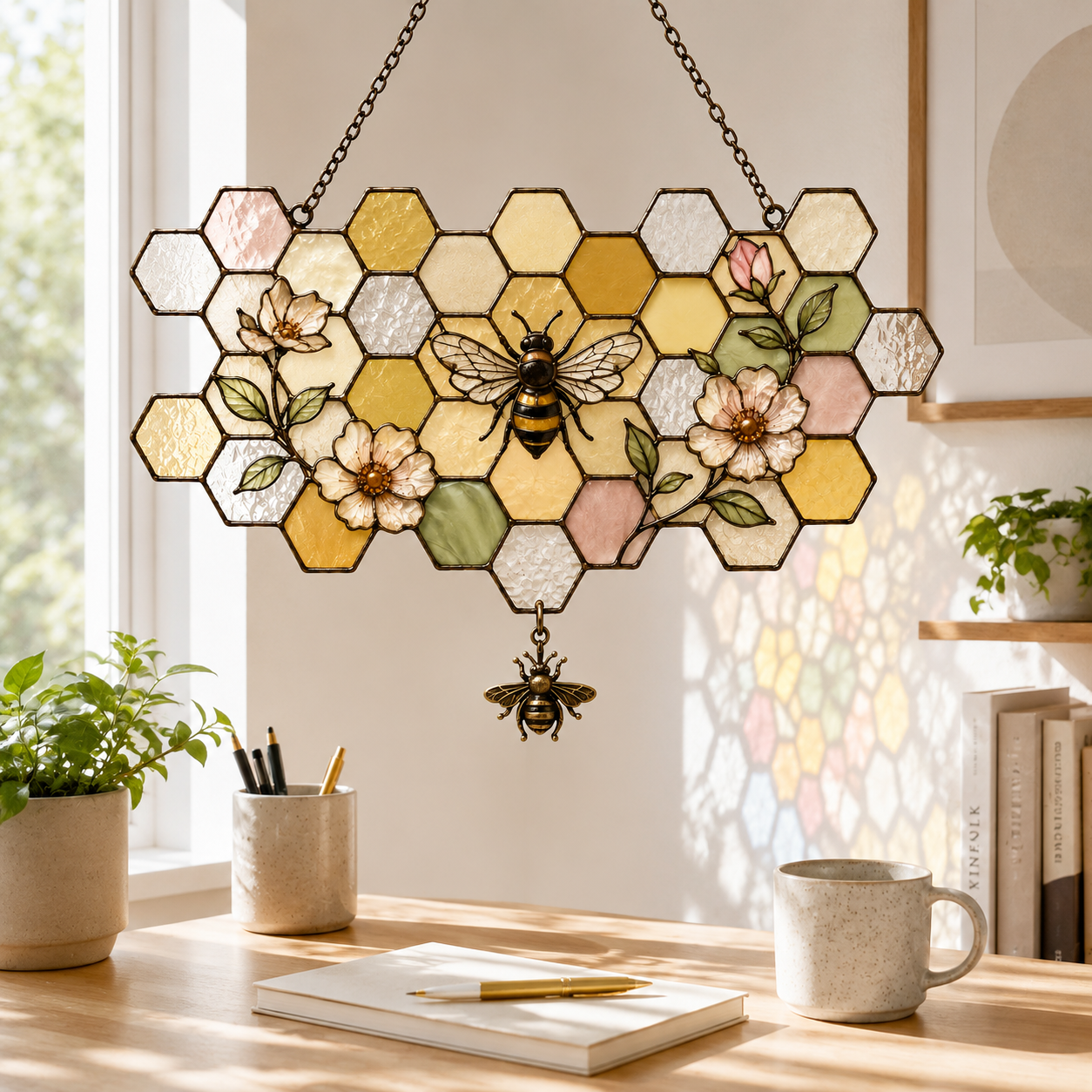 5 Style Bee Honeycomb Suncatcher with Vintage Brass Bee Charm | Floral Window Hanging | Bee Lover Gift | Cottagecore Car Ornament