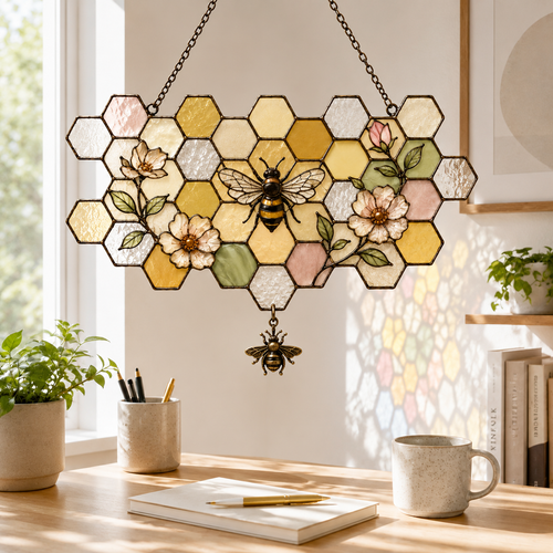 5 Style Bee Honeycomb Suncatcher with Vintage Brass Bee Charm | Floral Window Hanging | Bee Lover Gift | Cottagecore Car Ornament