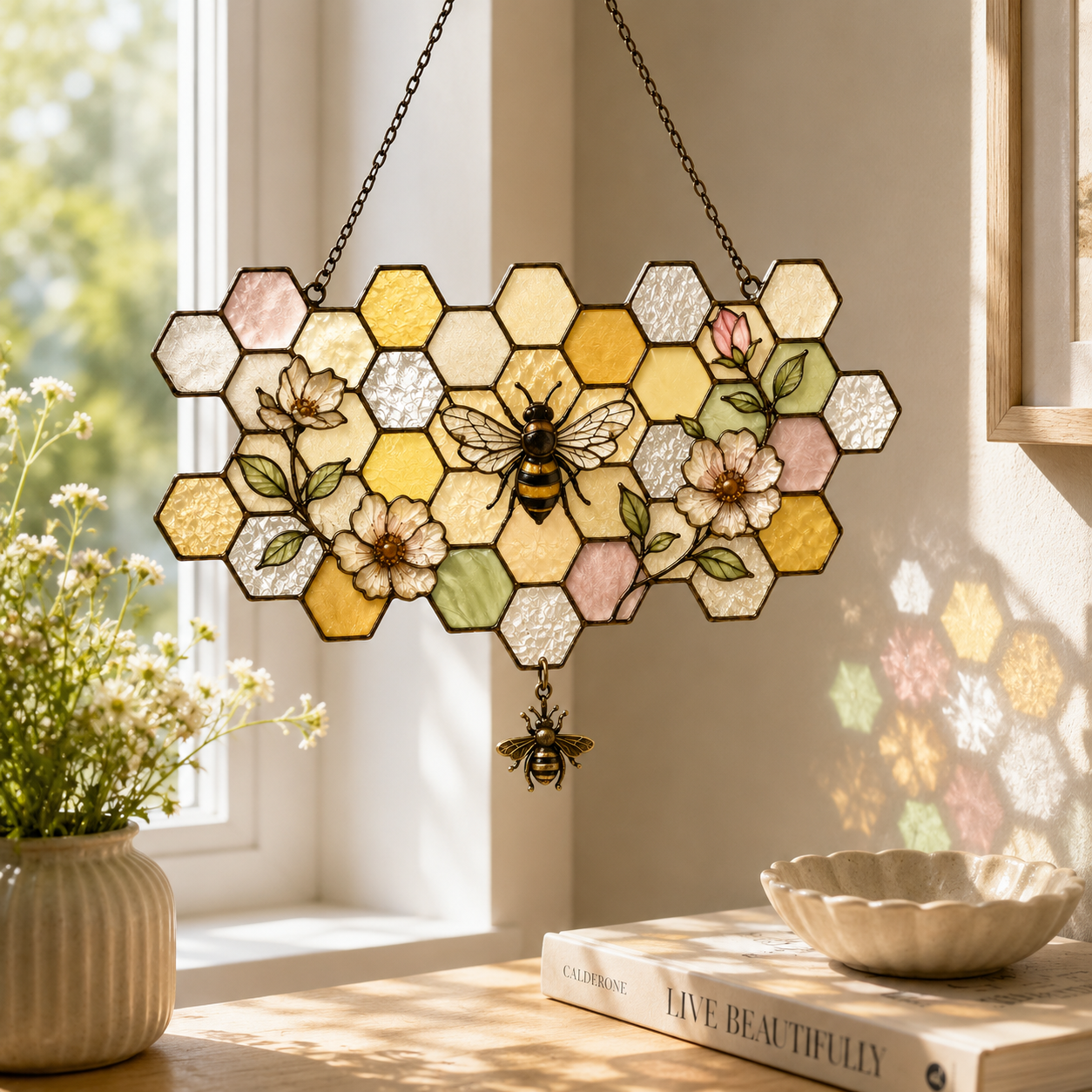 5 Style Bee Honeycomb Suncatcher with Vintage Brass Bee Charm | Floral Window Hanging | Bee Lover Gift | Cottagecore Car Ornament