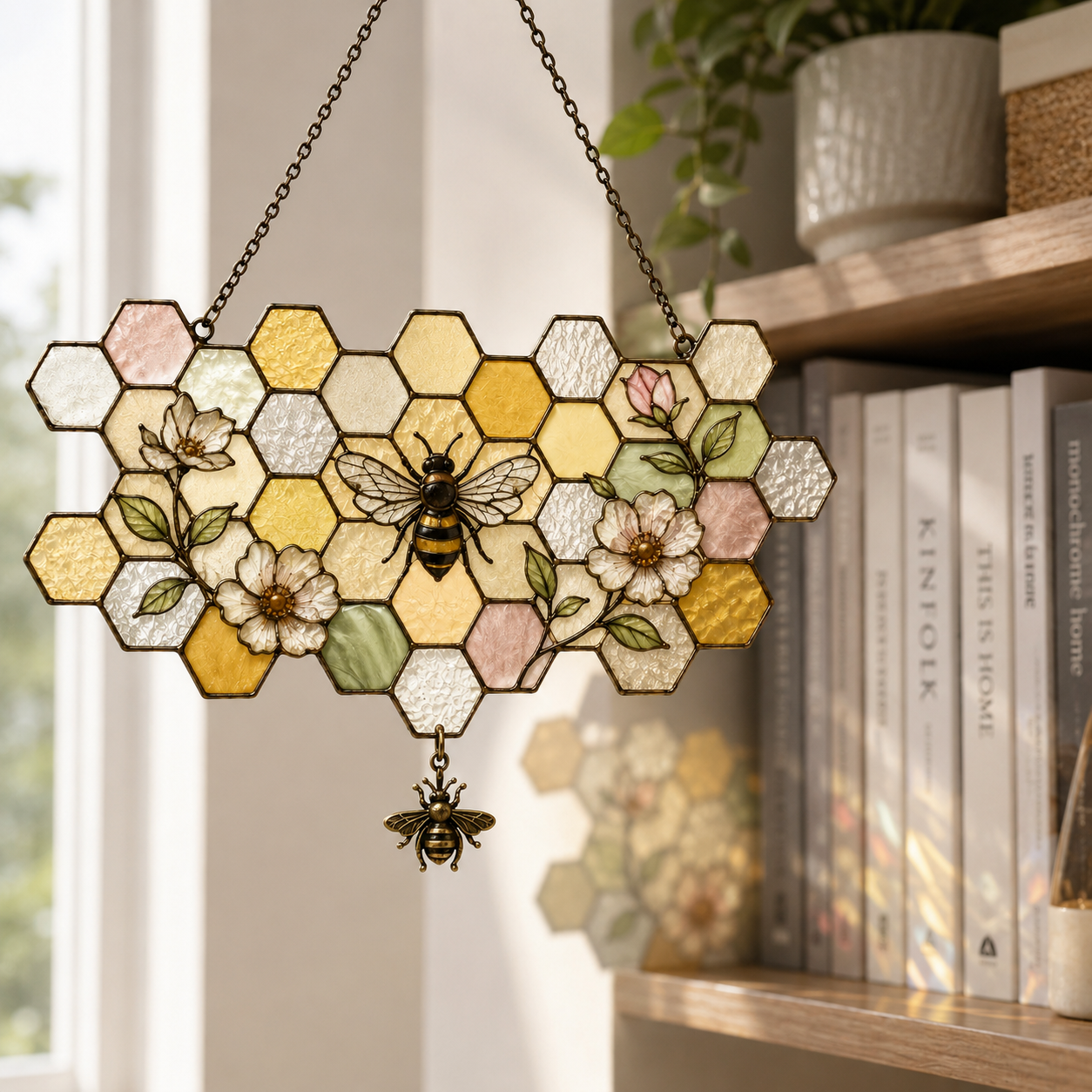 5 Style Bee Honeycomb Suncatcher with Vintage Brass Bee Charm | Floral Window Hanging | Bee Lover Gift | Cottagecore Car Ornament