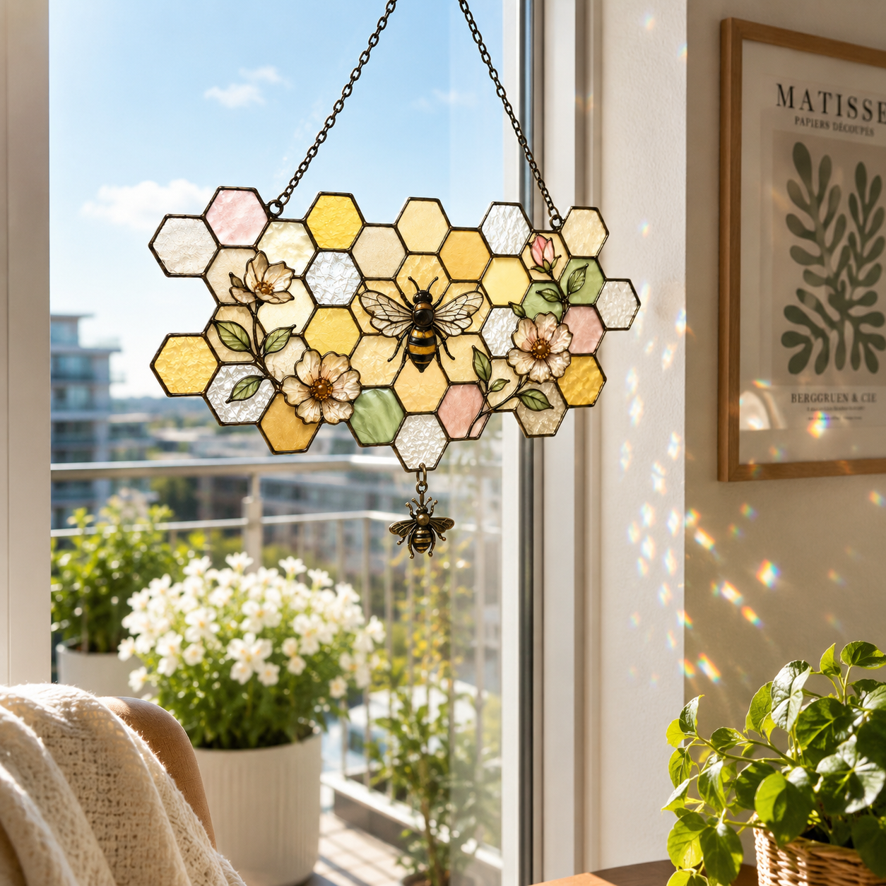 5 Style Bee Honeycomb Suncatcher with Vintage Brass Bee Charm | Floral Window Hanging | Bee Lover Gift | Cottagecore Car Ornament