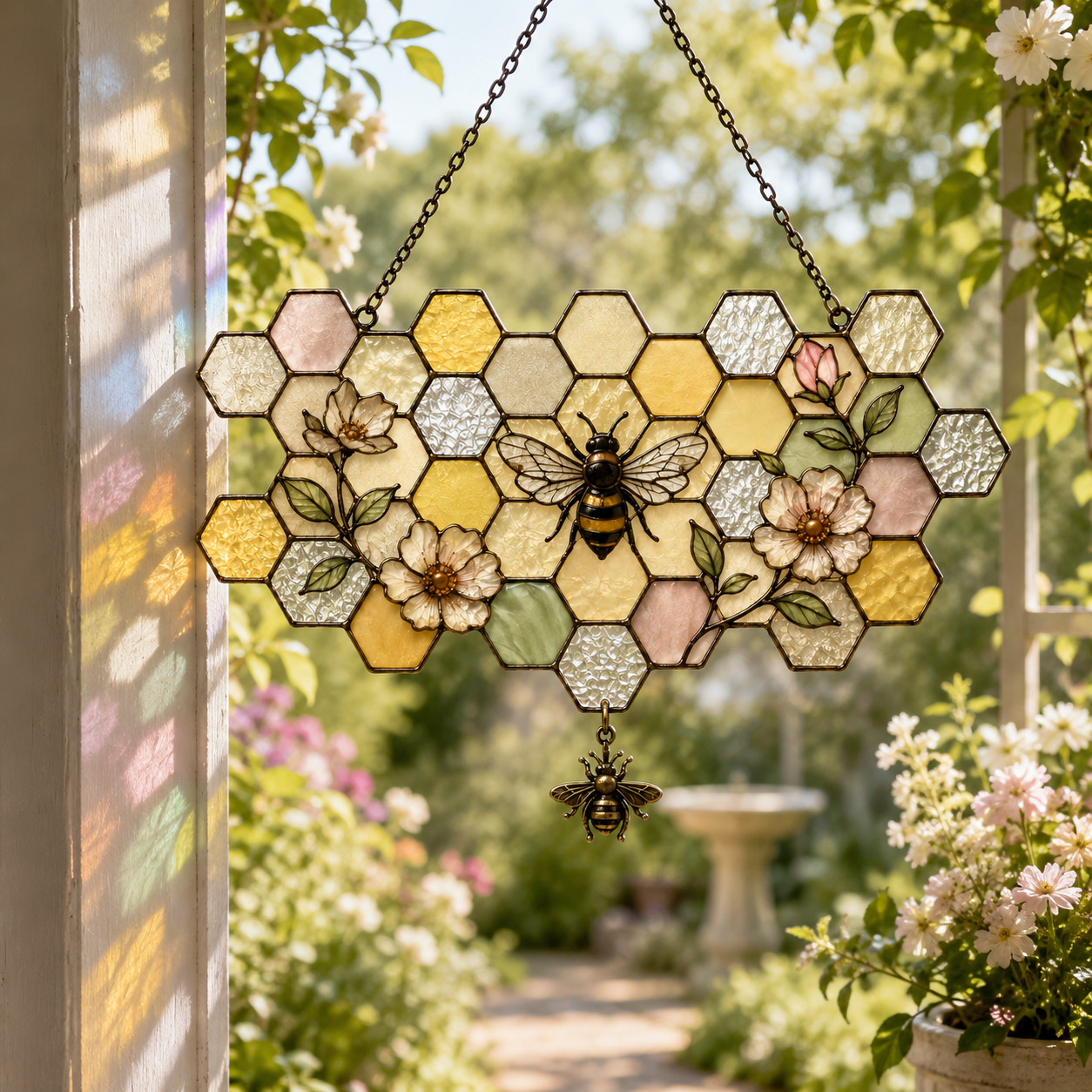 5 Style Bee Honeycomb Suncatcher with Vintage Brass Bee Charm | Floral Window Hanging | Bee Lover Gift | Cottagecore Car Ornament