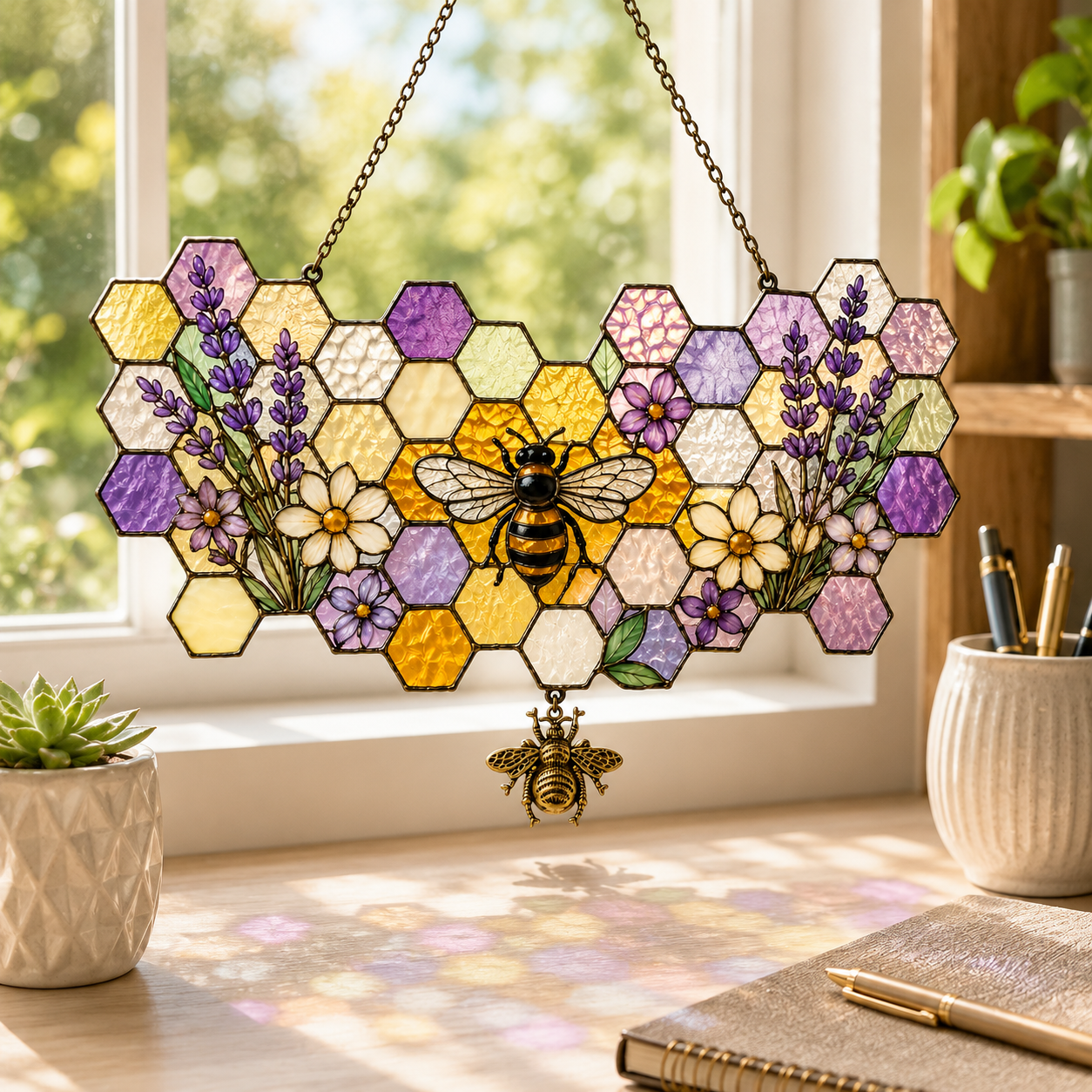5 Style Bee Honeycomb Suncatcher with Vintage Brass Bee Charm | Floral Window Hanging | Bee Lover Gift | Cottagecore Car Ornament