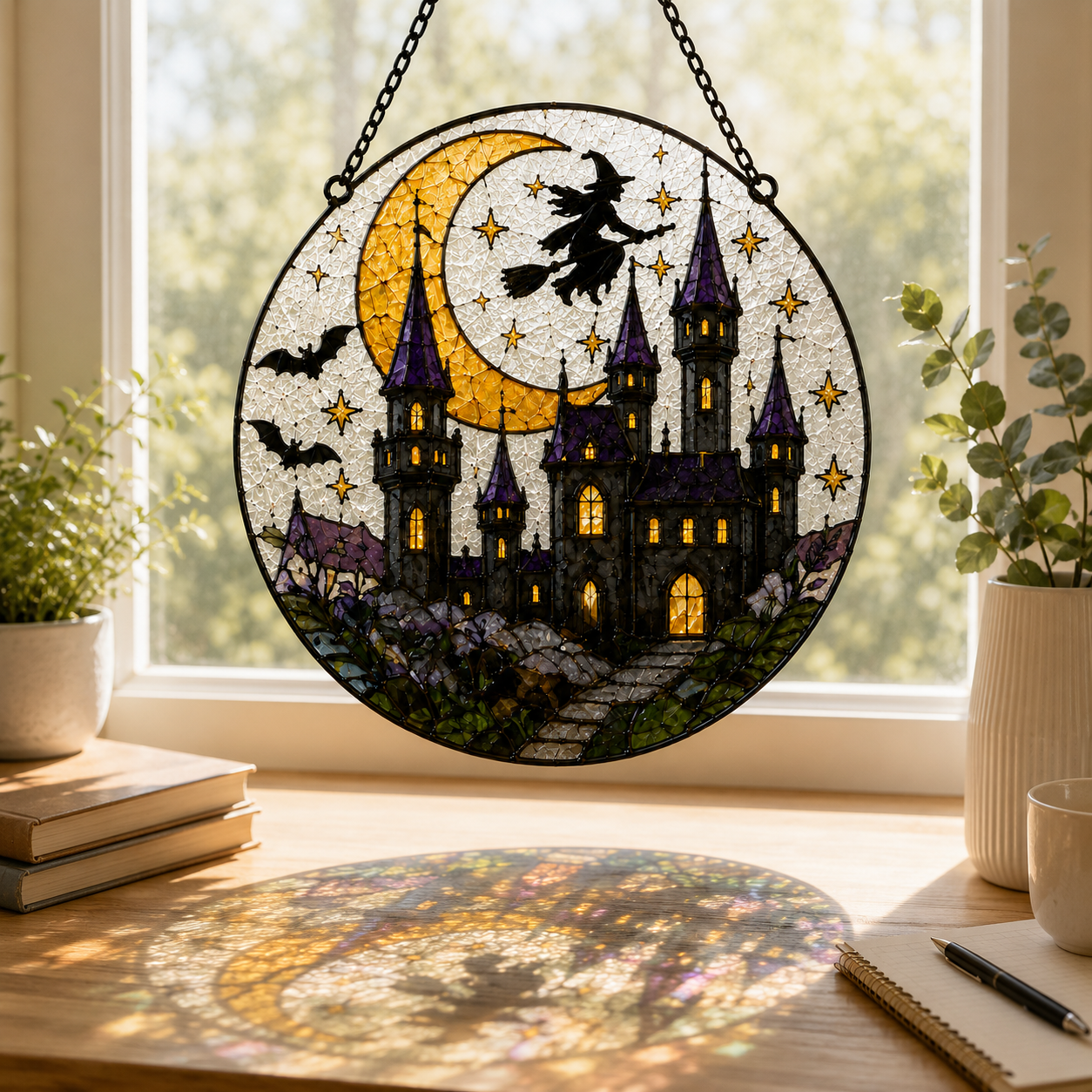 Haunted Castle Suncatcher | Witch Moon Stained Glass Style Window Hanging | Halloween Gothic Decor | Car Ornament Gift