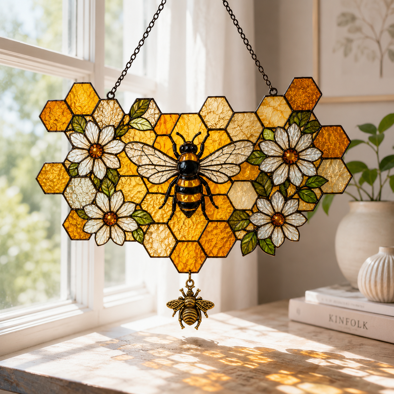 5 Style Bee Honeycomb Suncatcher with Vintage Brass Bee Charm | Floral Window Hanging | Bee Lover Gift | Cottagecore Car Ornament