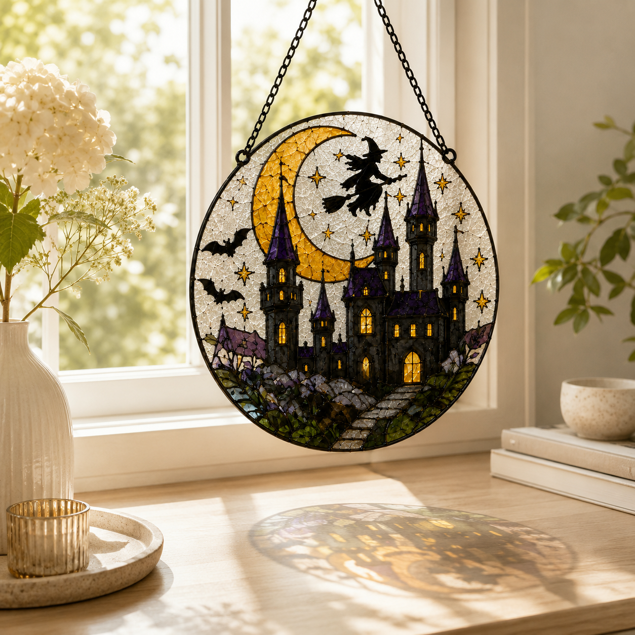 Haunted Castle Suncatcher | Witch Moon Stained Glass Style Window Hanging | Halloween Gothic Decor | Car Ornament Gift