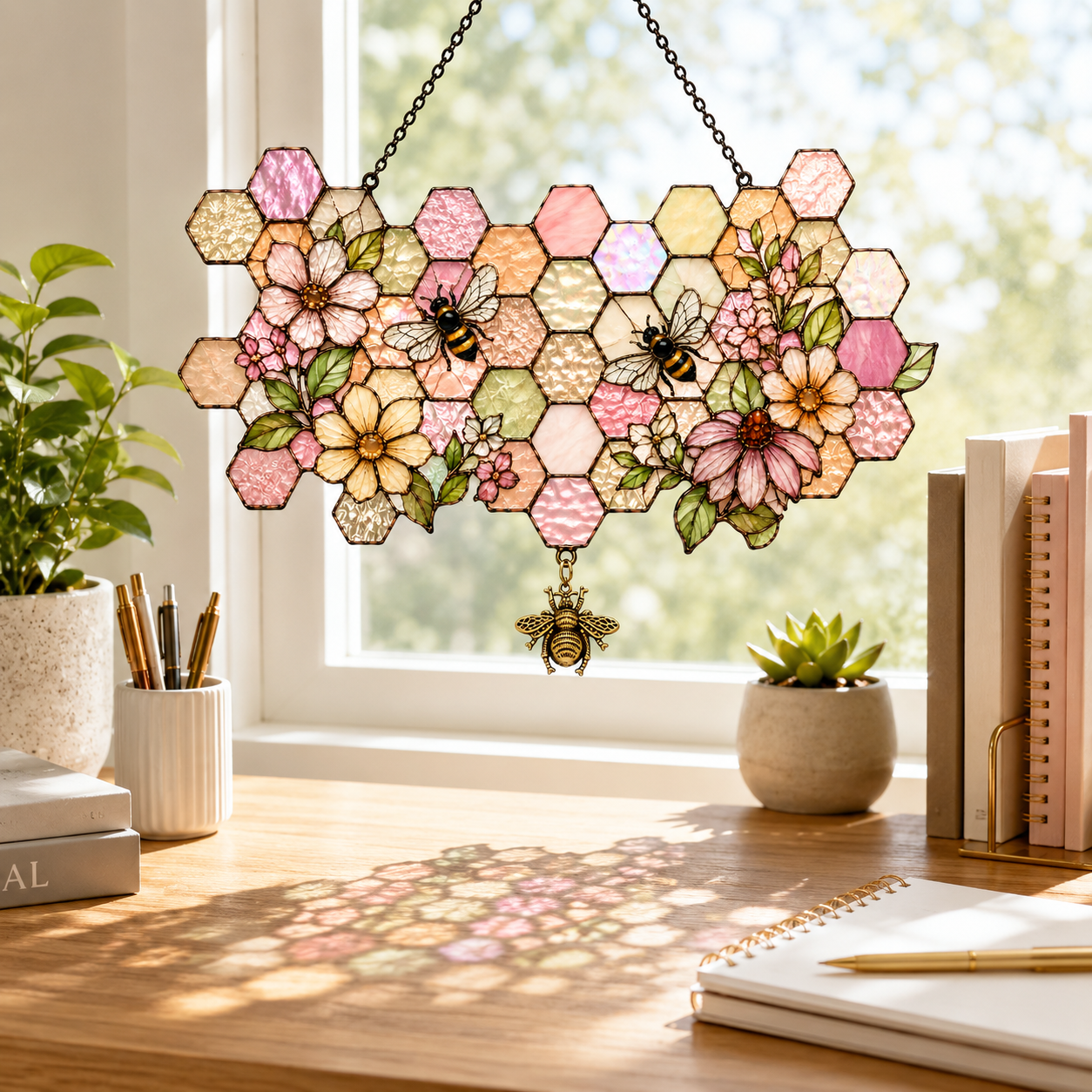 5 Style Cottagecore Honeycomb Bee Suncatcher with Vintage Bee Charm | Floral Stained Glass Style Window Hanging | Bee Lover Gift
