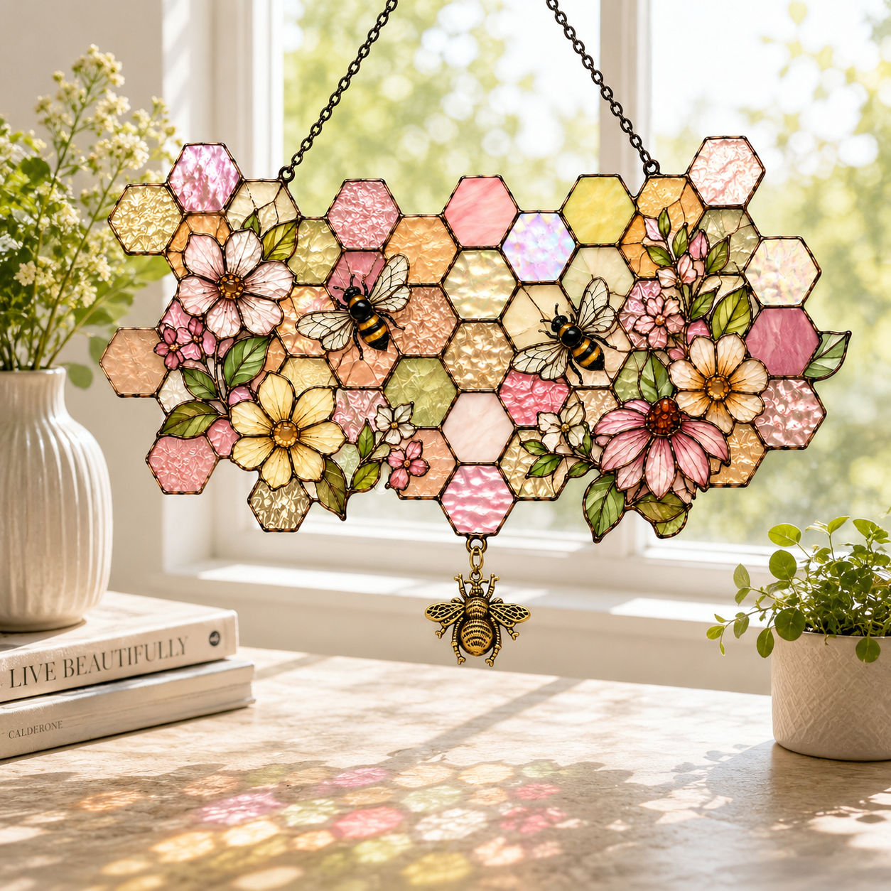 5 Style Cottagecore Honeycomb Bee Suncatcher with Vintage Bee Charm | Floral Stained Glass Style Window Hanging | Bee Lover Gift