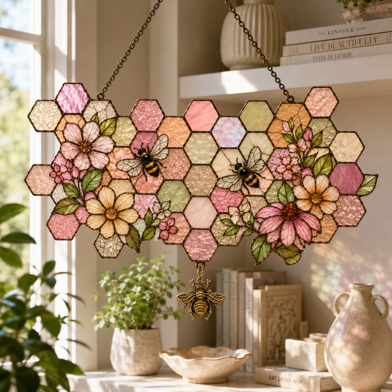 5 Style Cottagecore Honeycomb Bee Suncatcher with Vintage Bee Charm | Floral Stained Glass Style Window Hanging | Bee Lover Gift