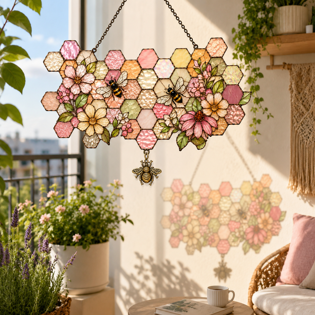 5 Style Cottagecore Honeycomb Bee Suncatcher with Vintage Bee Charm | Floral Stained Glass Style Window Hanging | Bee Lover Gift