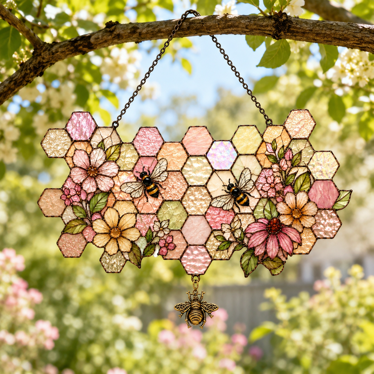 5 Style Cottagecore Honeycomb Bee Suncatcher with Vintage Bee Charm | Floral Stained Glass Style Window Hanging | Bee Lover Gift