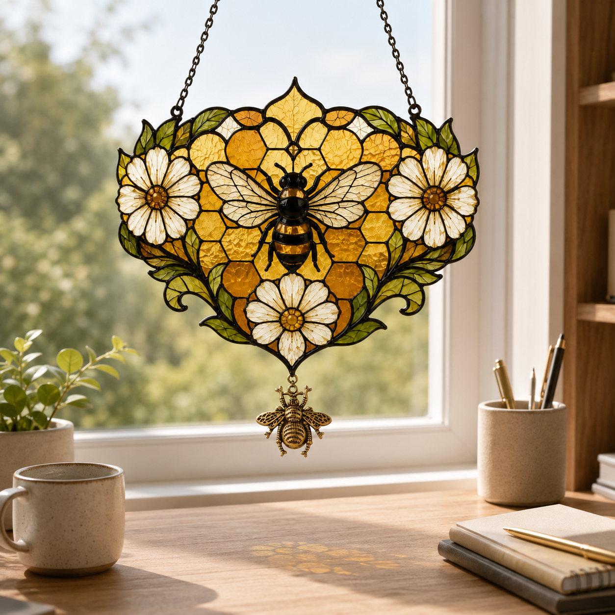 Golden Honeycomb Bee Daisy Suncatcher | Floral Window Hanging | Bee Lover Gift | Cottagecore Decor