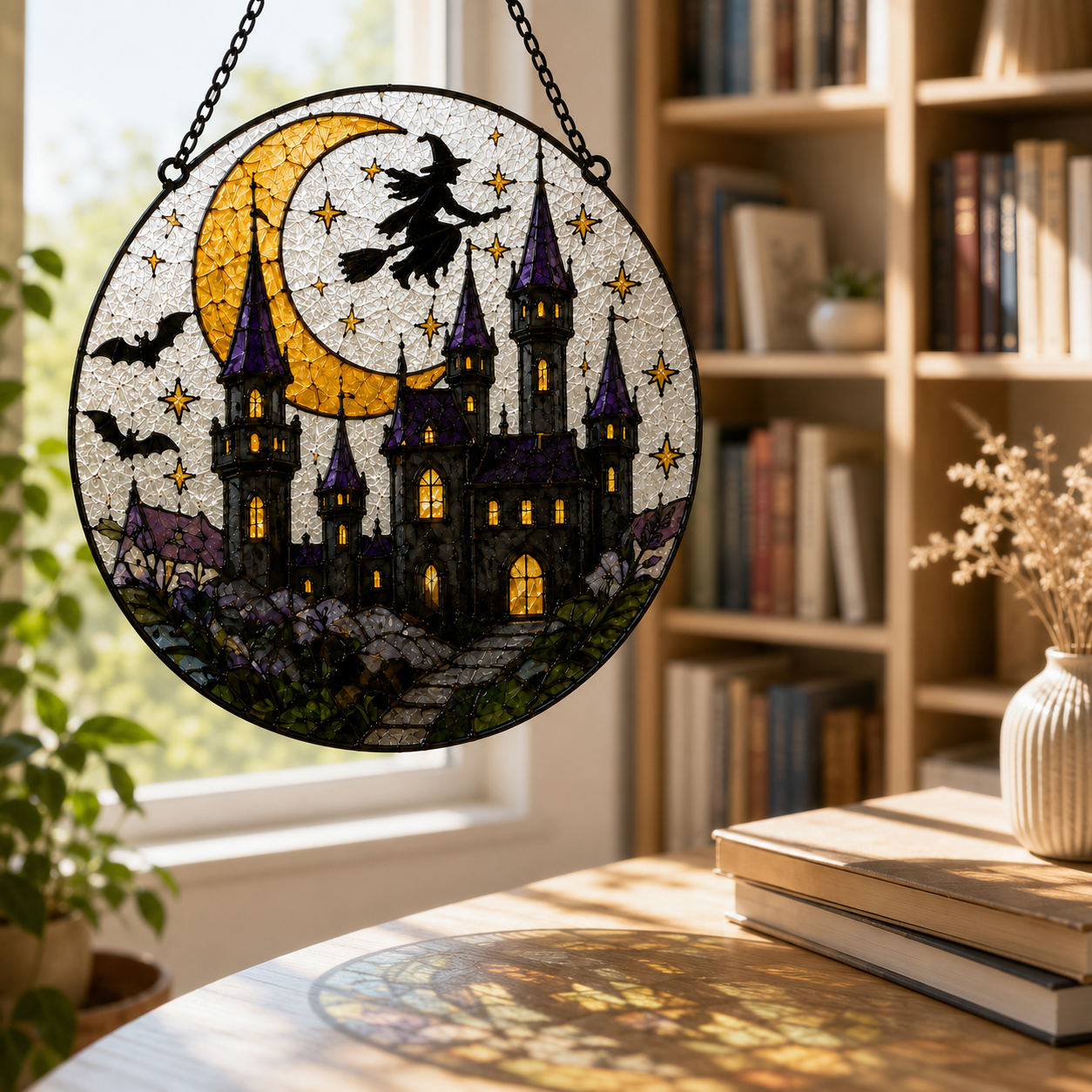 Haunted Castle Suncatcher | Witch Moon Stained Glass Style Window Hanging | Halloween Gothic Decor | Car Ornament Gift