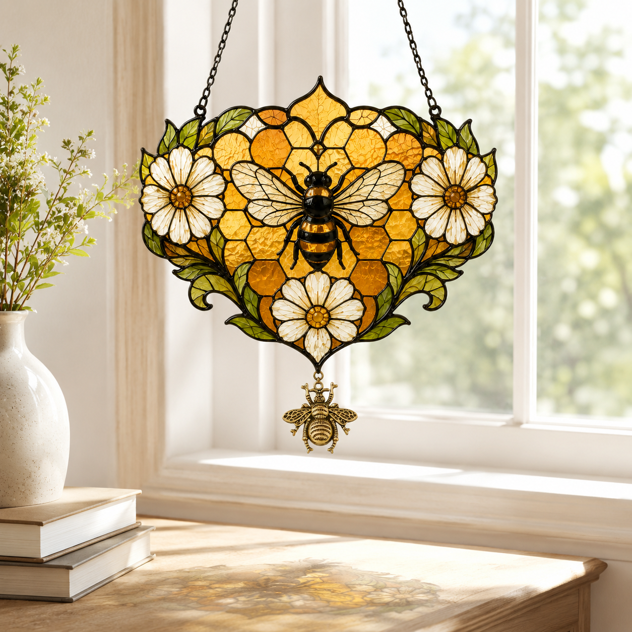 Golden Honeycomb Bee Daisy Suncatcher | Floral Window Hanging | Bee Lover Gift | Cottagecore Decor