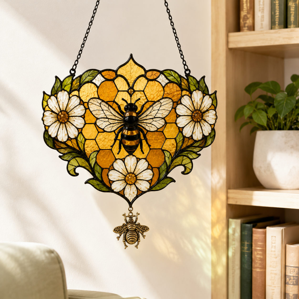 Golden Honeycomb Bee Daisy Suncatcher | Floral Window Hanging | Bee Lover Gift | Cottagecore Decor