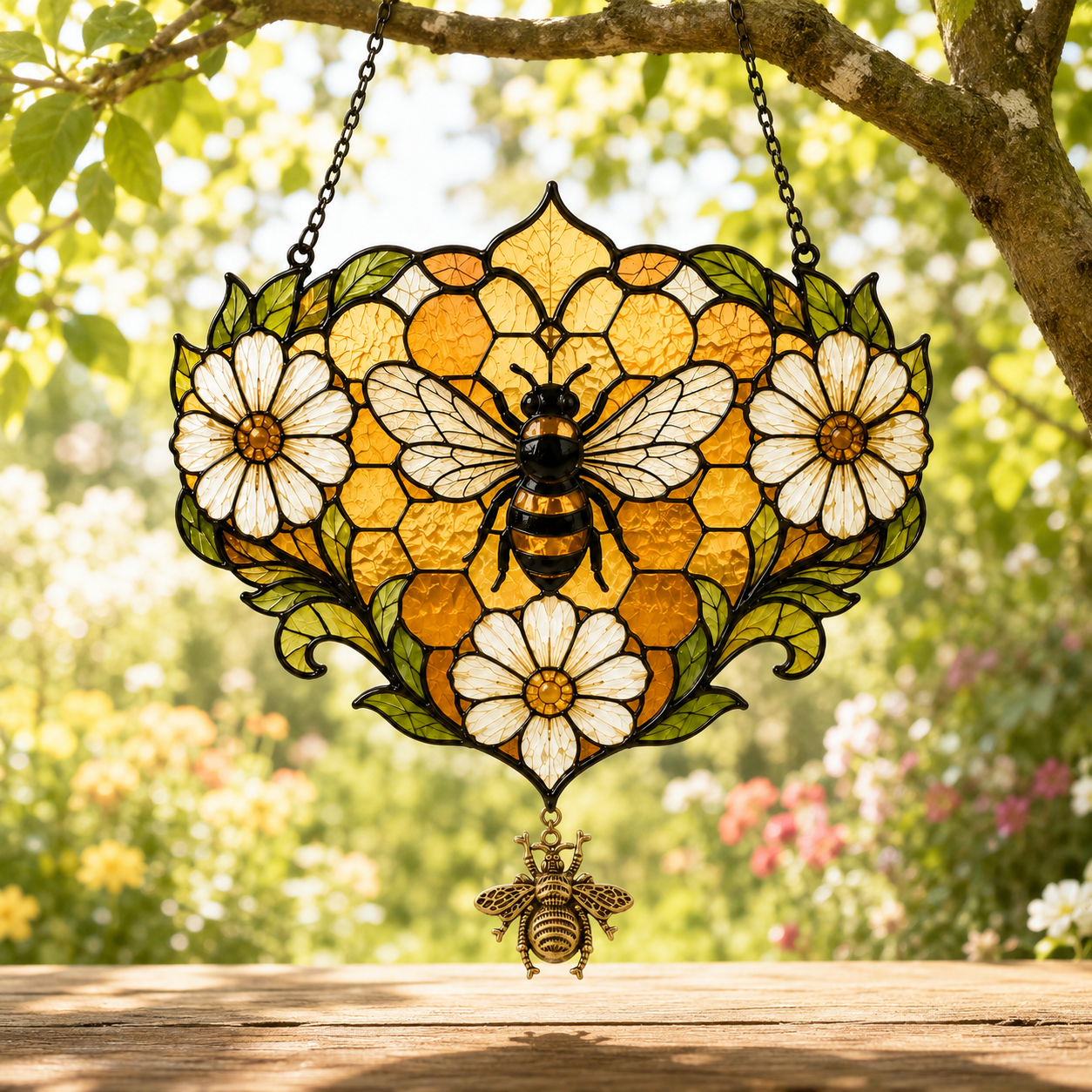 Golden Honeycomb Bee Daisy Suncatcher | Floral Window Hanging | Bee Lover Gift | Cottagecore Decor