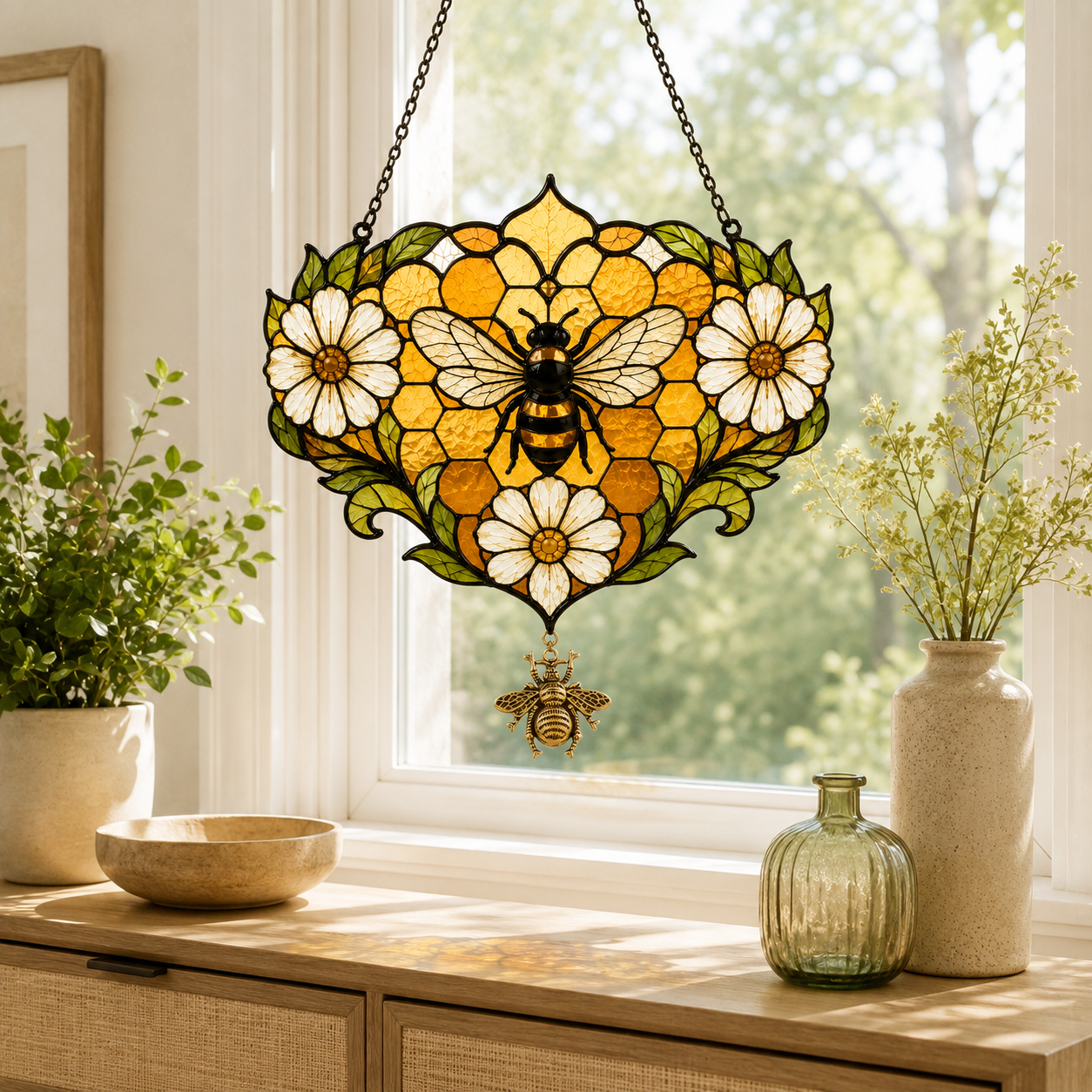 Bee Flower Suncatcher with Bee Charm | Honeycomb Stained Glass Style Window Hanging | Garden Gift