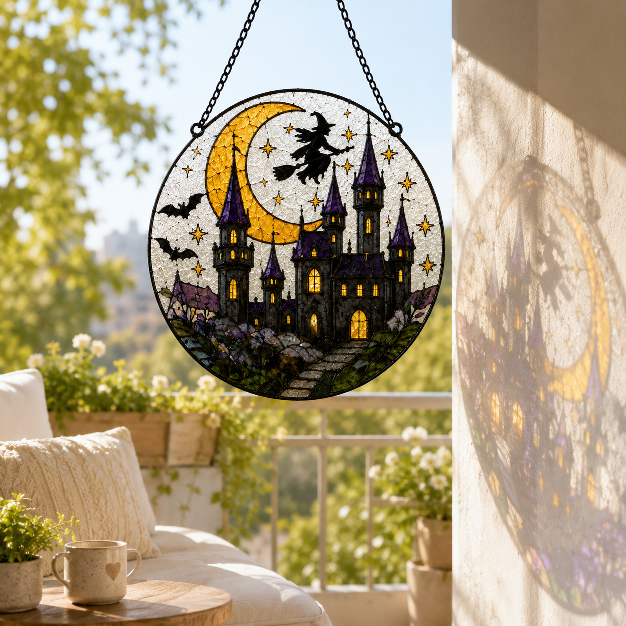 Haunted Castle Suncatcher | Witch Moon Stained Glass Style Window Hanging | Halloween Gothic Decor | Car Ornament Gift