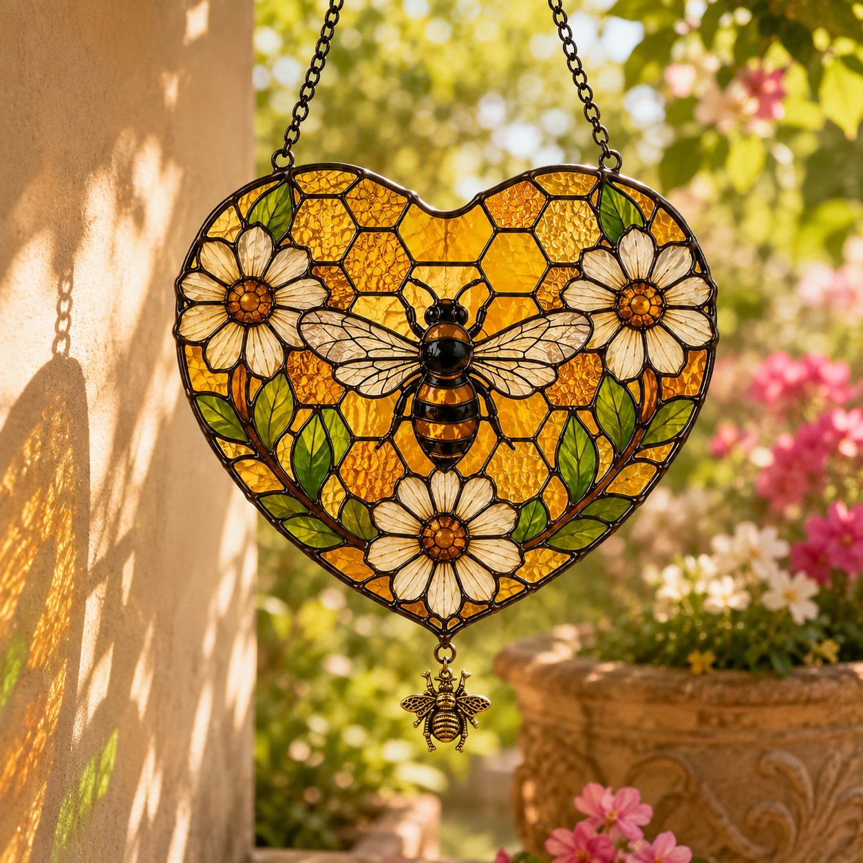 Bee Flower Suncatcher with Bee Charm | Honeycomb Stained Glass Style Window Hanging | Garden Gift