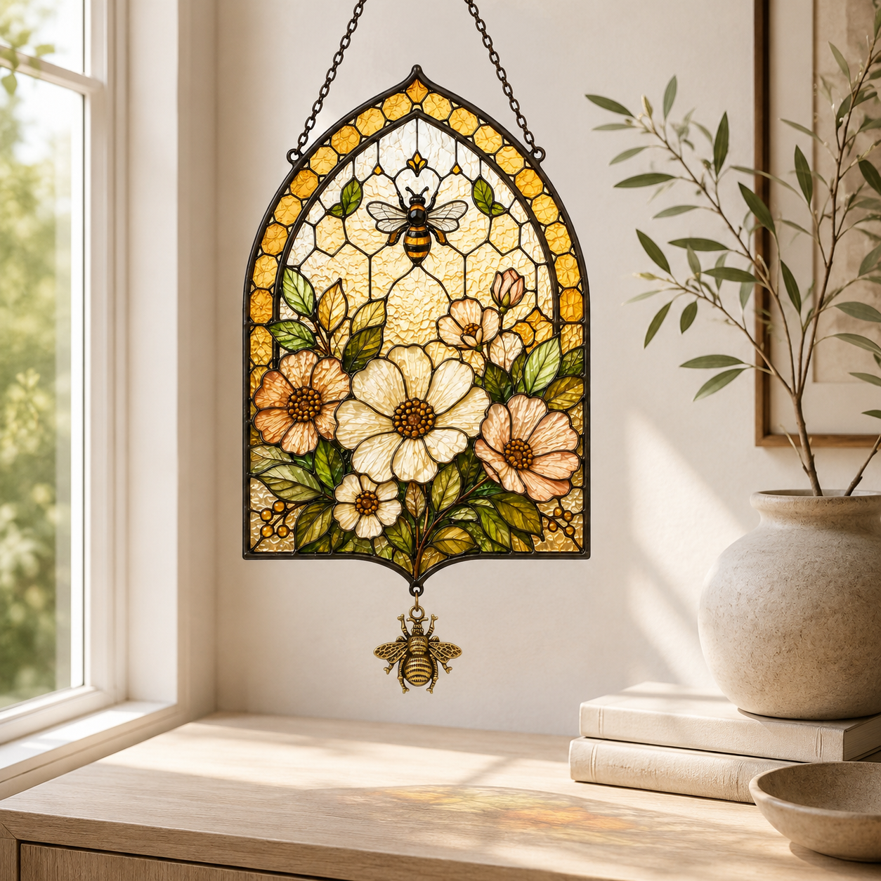 Bee Flower Suncatcher with Bee Charm | Honeycomb Stained Glass Style Window Hanging | Garden Gift