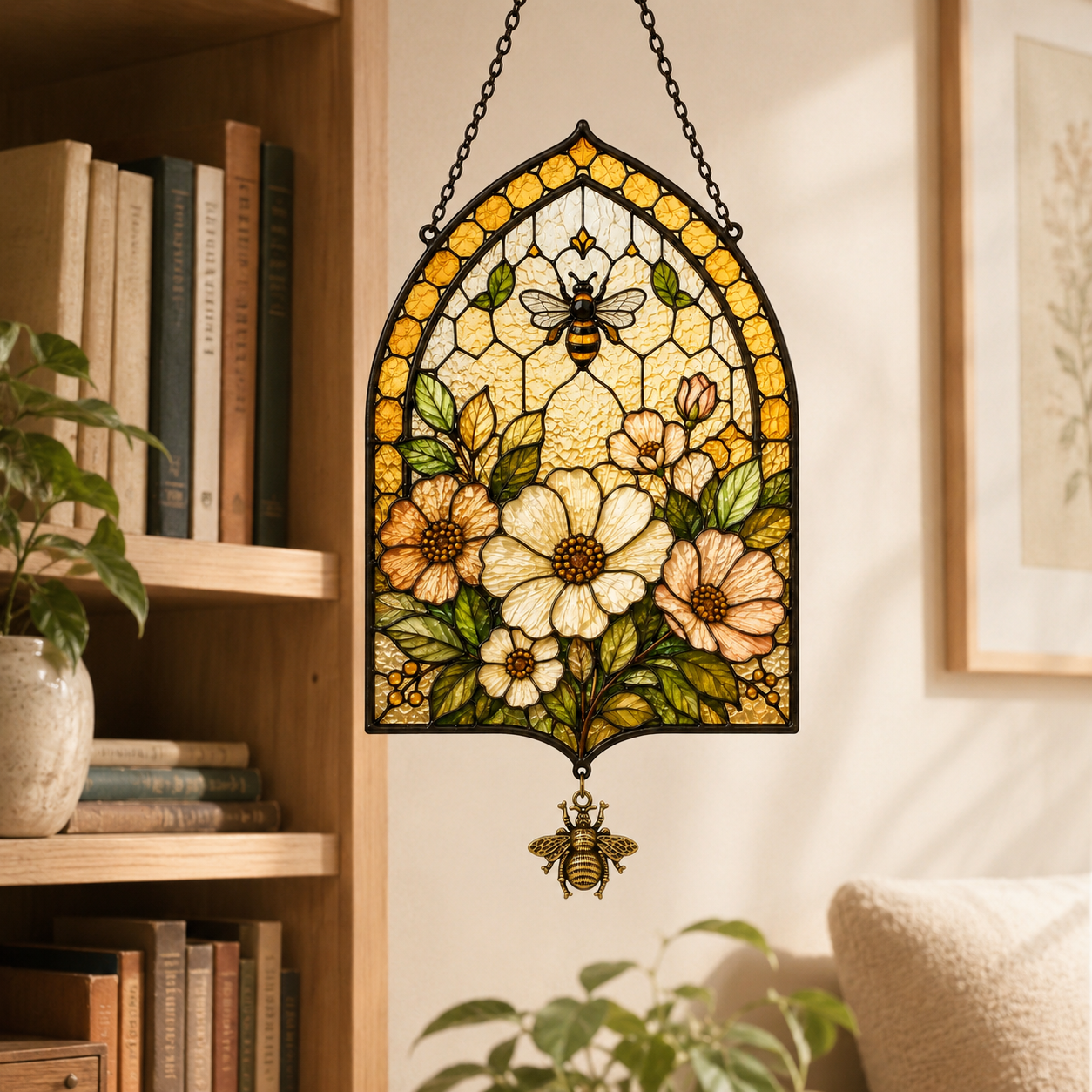 Bee Flower Suncatcher with Bee Charm | Honeycomb Stained Glass Style Window Hanging | Garden Gift