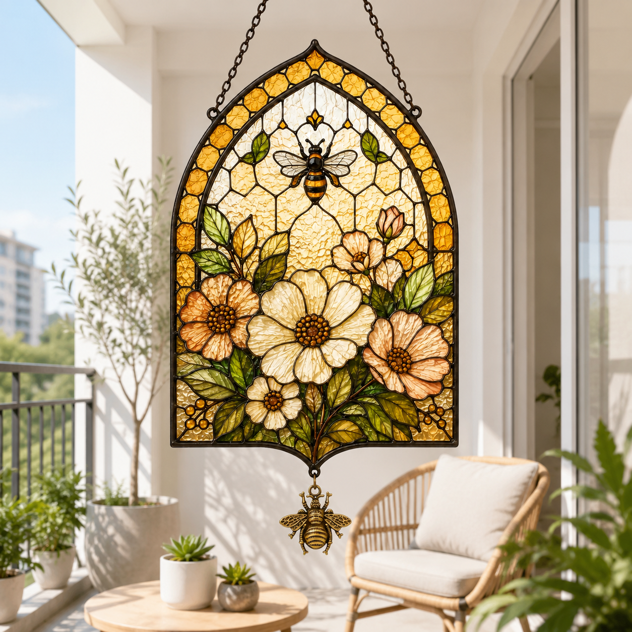 Bee Flower Suncatcher with Bee Charm | Honeycomb Stained Glass Style Window Hanging | Garden Gift