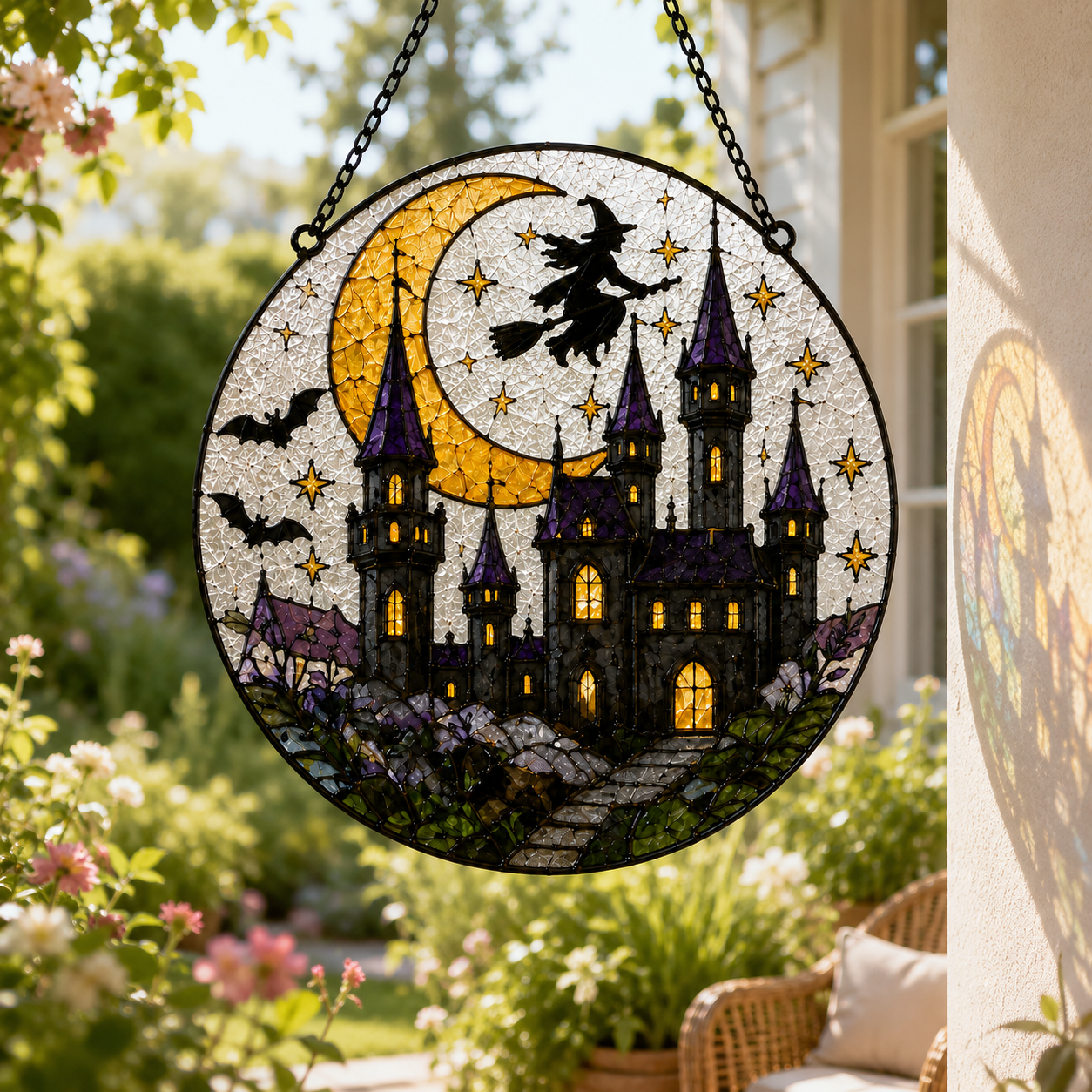 Haunted Castle Suncatcher | Witch Moon Stained Glass Style Window Hanging | Halloween Gothic Decor | Car Ornament Gift