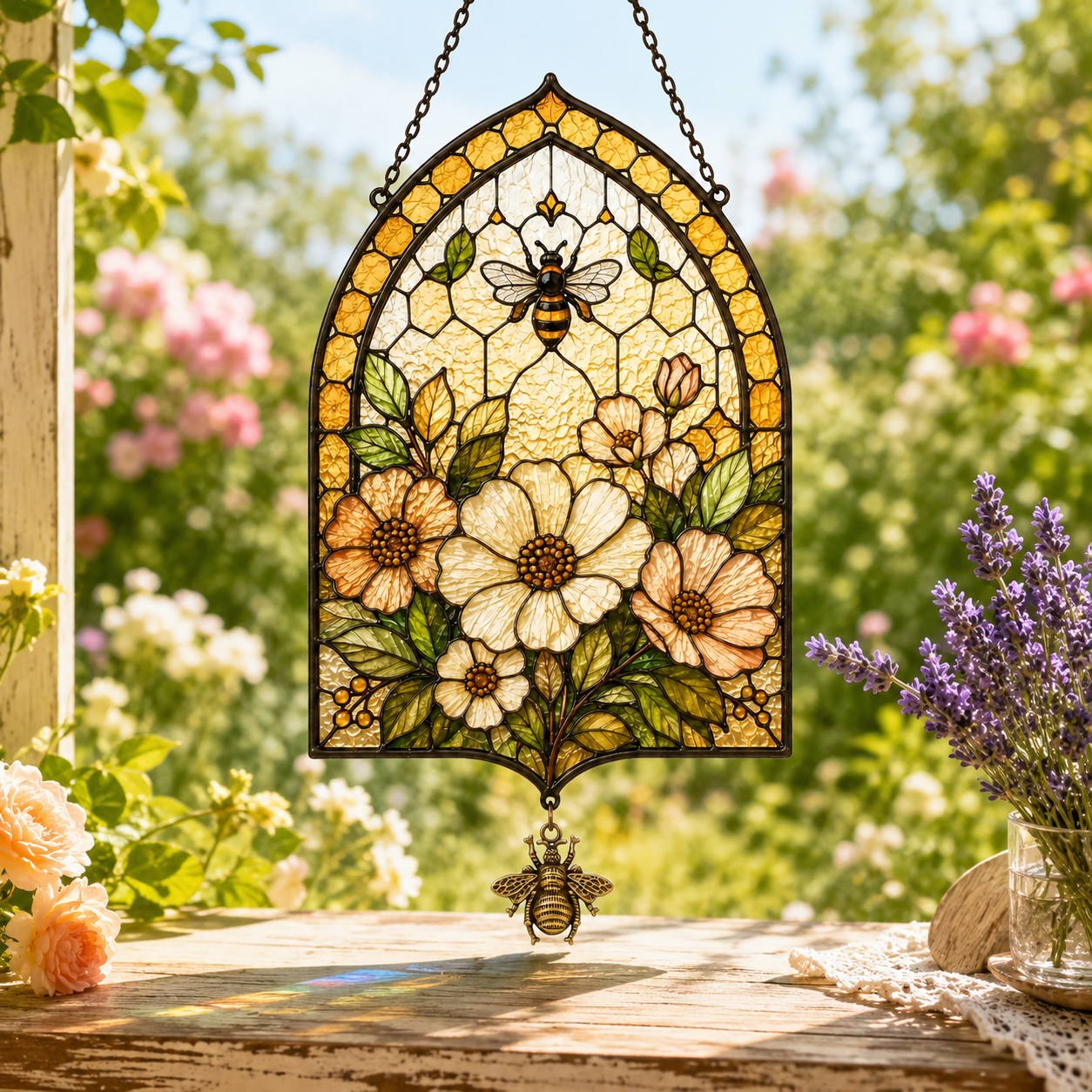 Bee Flower Suncatcher with Bee Charm | Honeycomb Stained Glass Style Window Hanging | Garden Gift