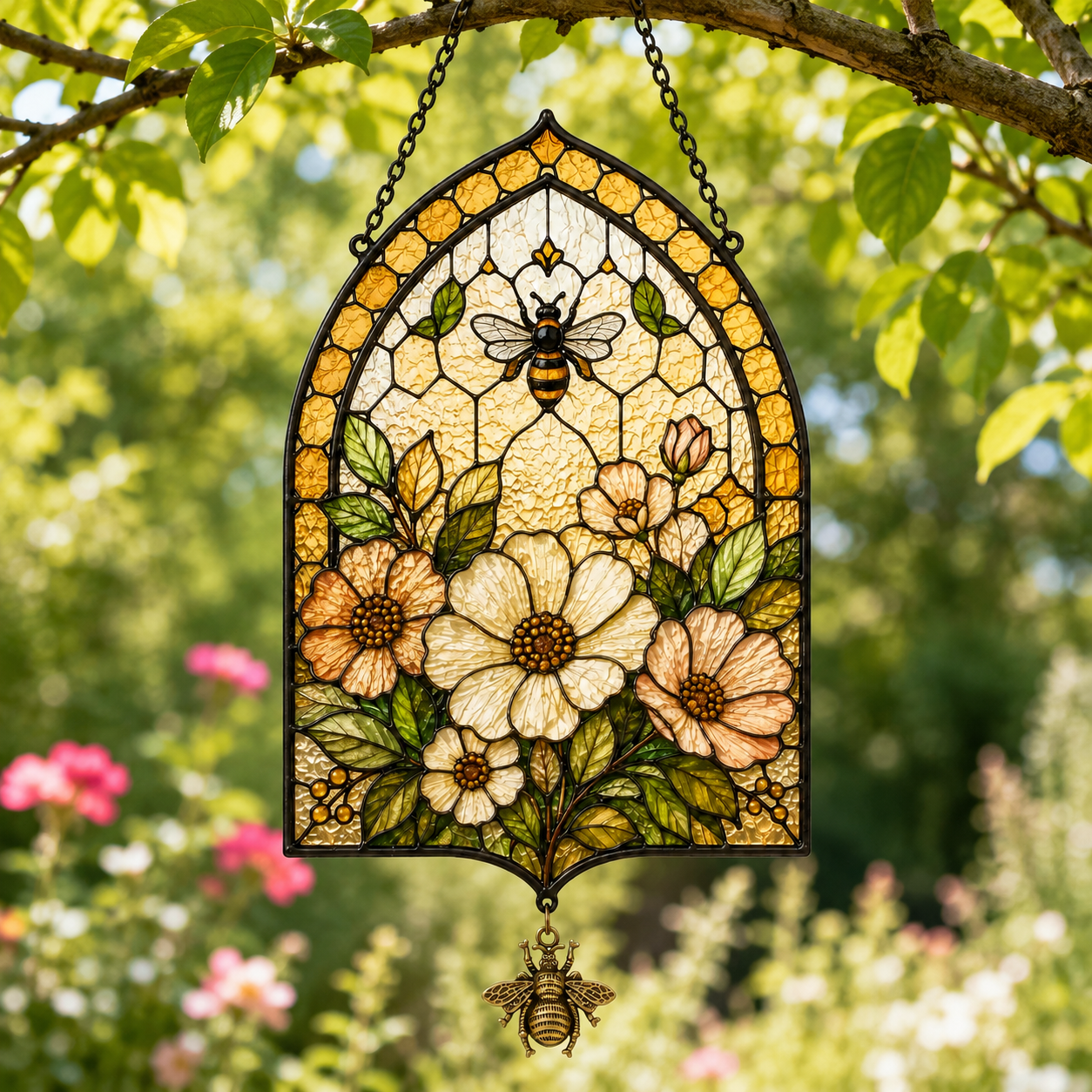 Bee Flower Suncatcher with Bee Charm | Honeycomb Stained Glass Style Window Hanging | Garden Gift