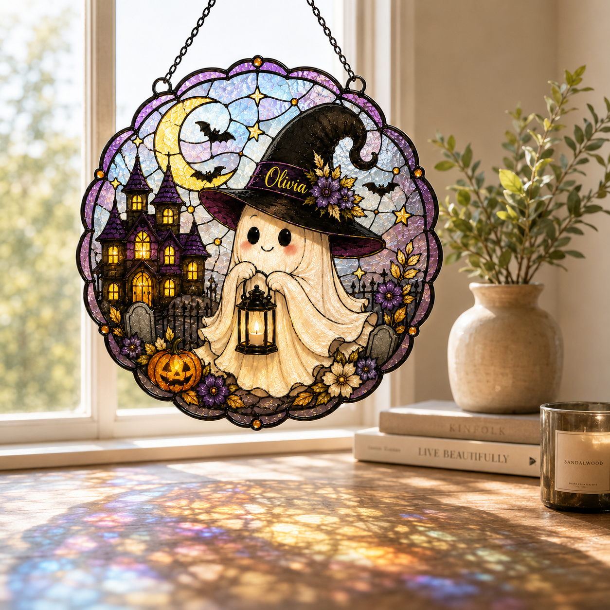 Personalized Cute Ghost Suncatcher with Name | Halloween Stained Glass Style Window Hanging | Witch Hat Car Ornament Gift