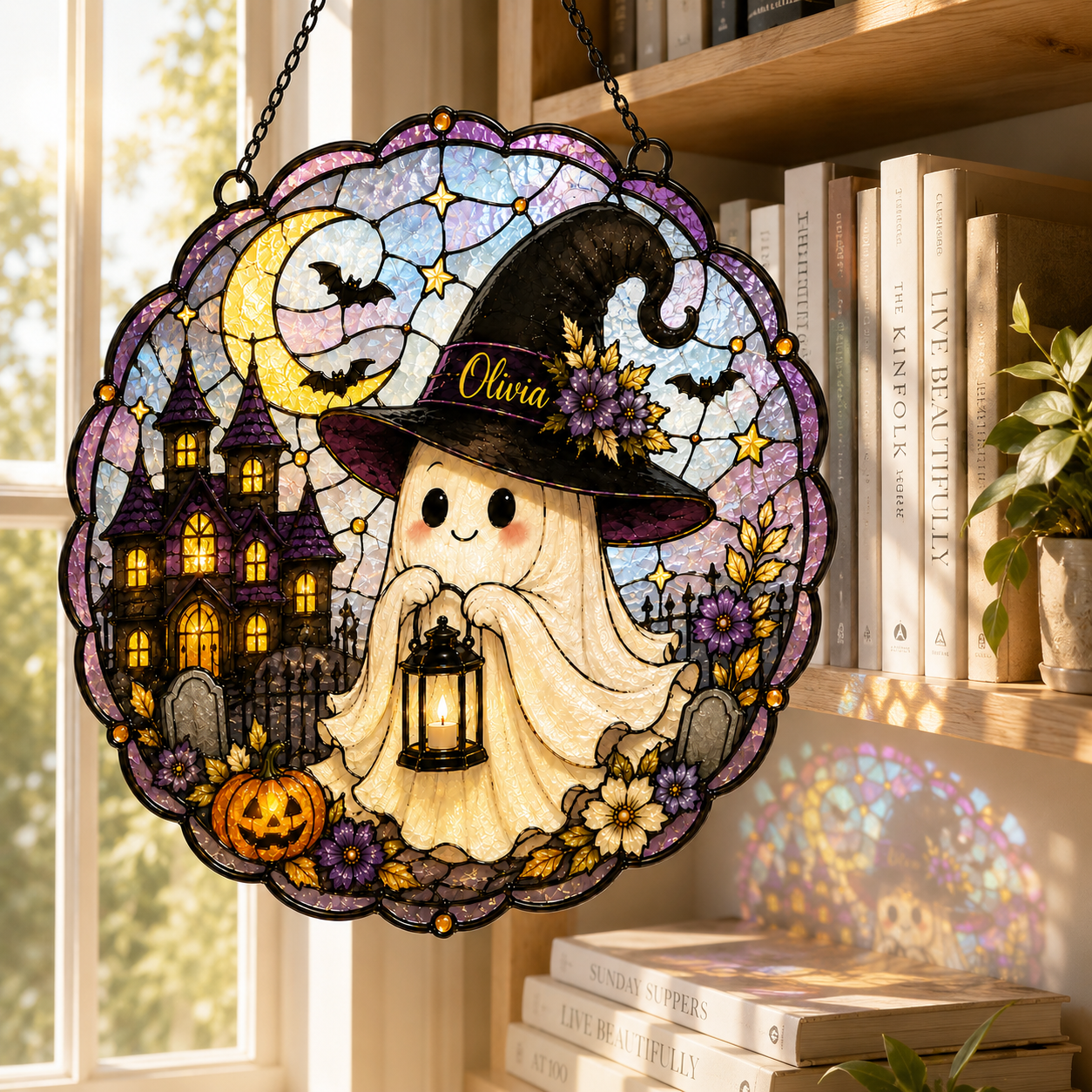 Personalized Cute Ghost Suncatcher with Name | Halloween Stained Glass Style Window Hanging | Witch Hat Car Ornament Gift