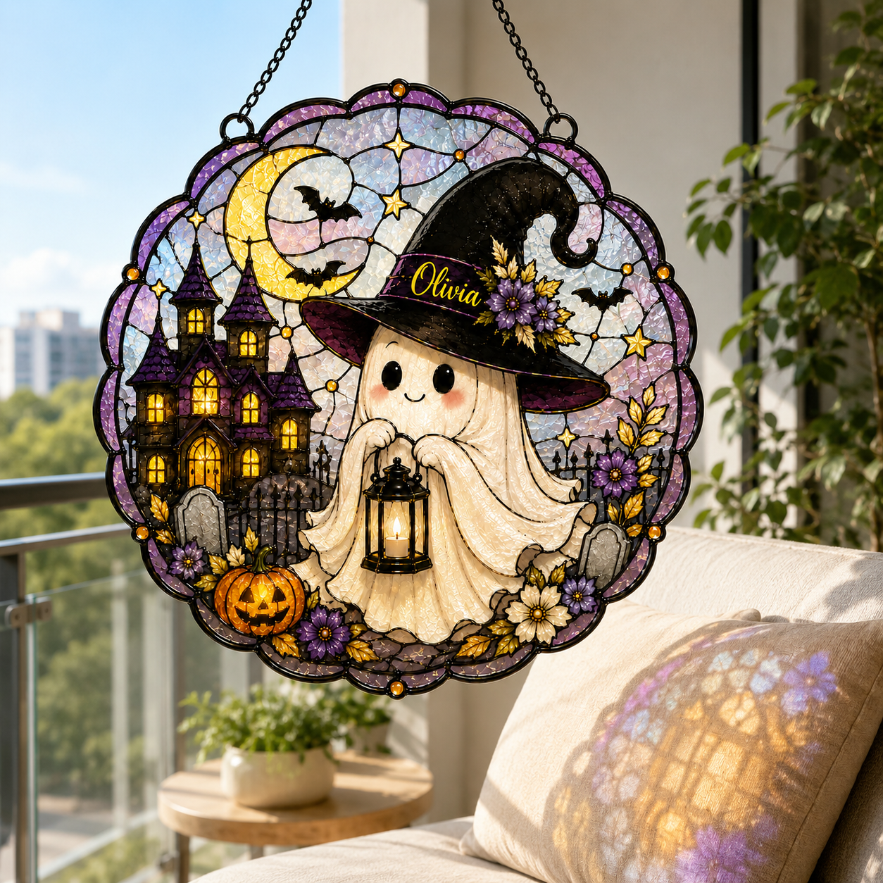 Personalized Cute Ghost Suncatcher with Name | Halloween Stained Glass Style Window Hanging | Witch Hat Car Ornament Gift