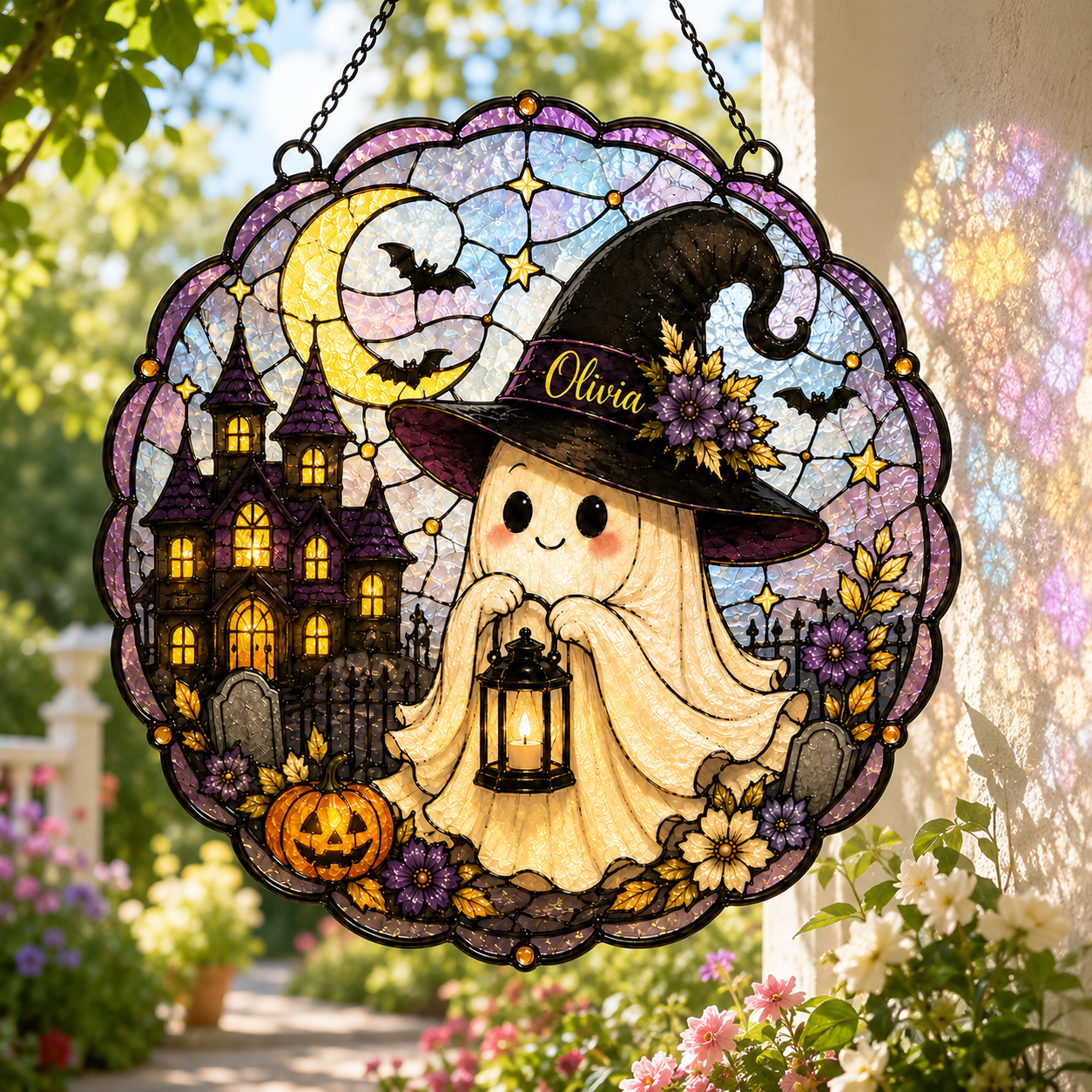 Personalized Cute Ghost Suncatcher with Name | Halloween Stained Glass Style Window Hanging | Witch Hat Car Ornament Gift