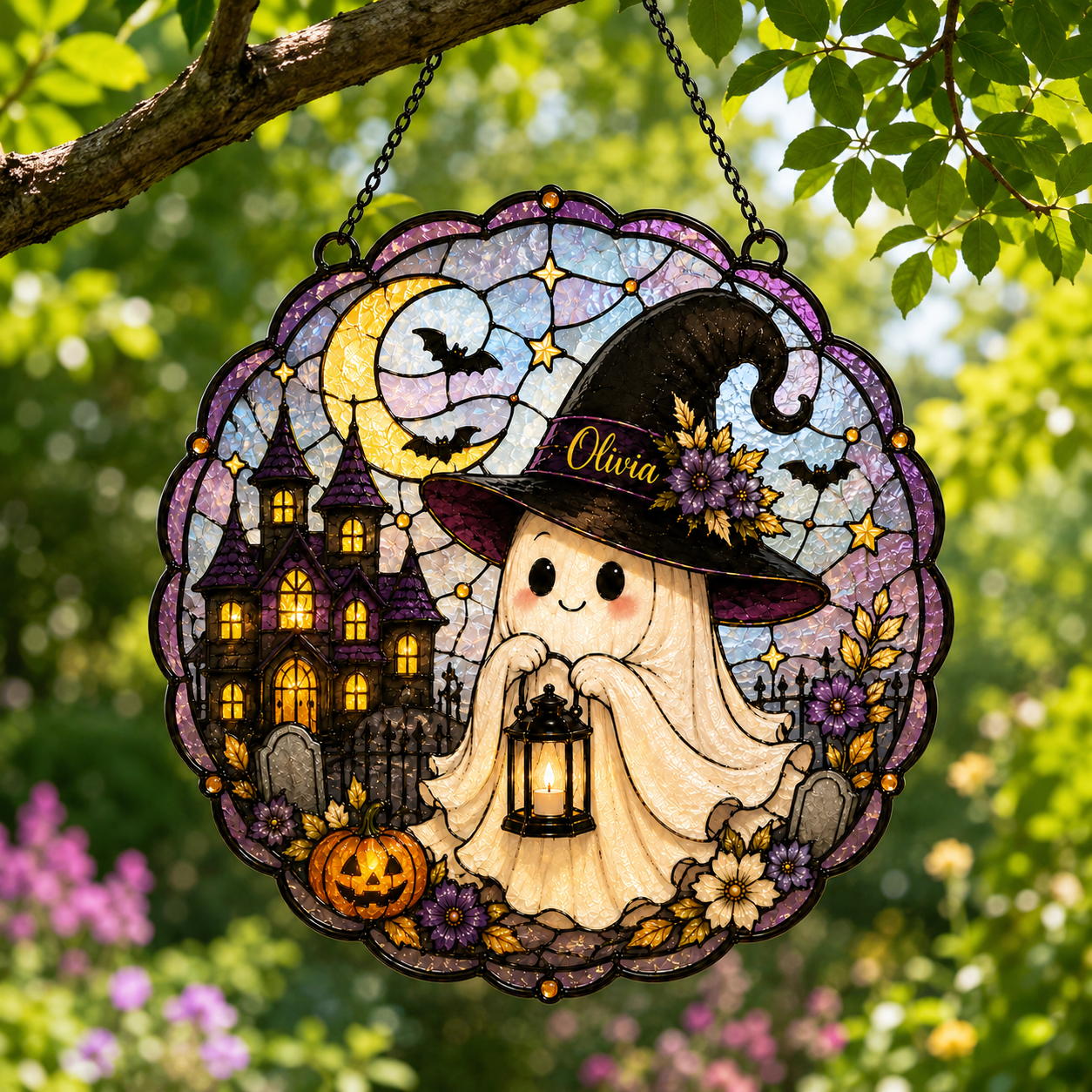 Personalized Cute Ghost Suncatcher with Name | Halloween Stained Glass Style Window Hanging | Witch Hat Car Ornament Gift