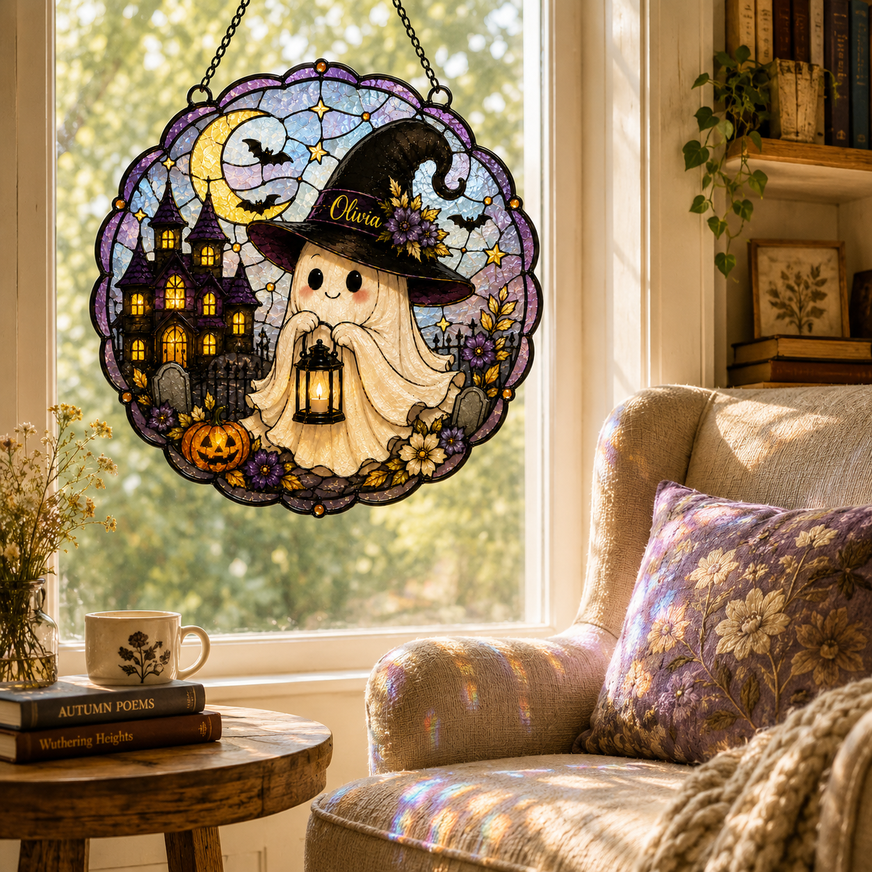 Haunted Castle Suncatcher | Witch Moon Stained Glass Style Window Hanging | Halloween Gothic Decor | Car Ornament Gift