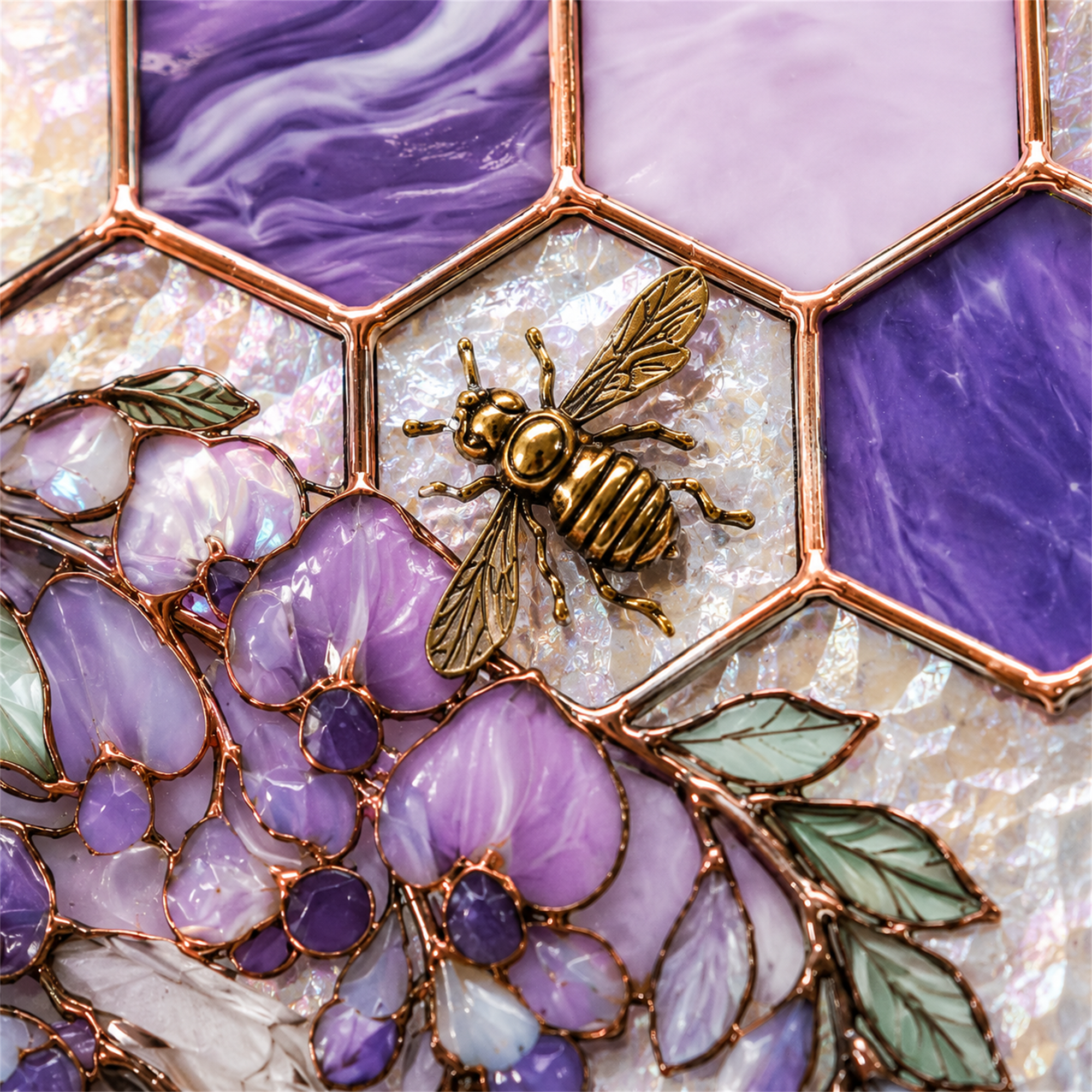 Purple Wisteria Bee Honeycomb Stained Glass Window Corner Hanging Ornament