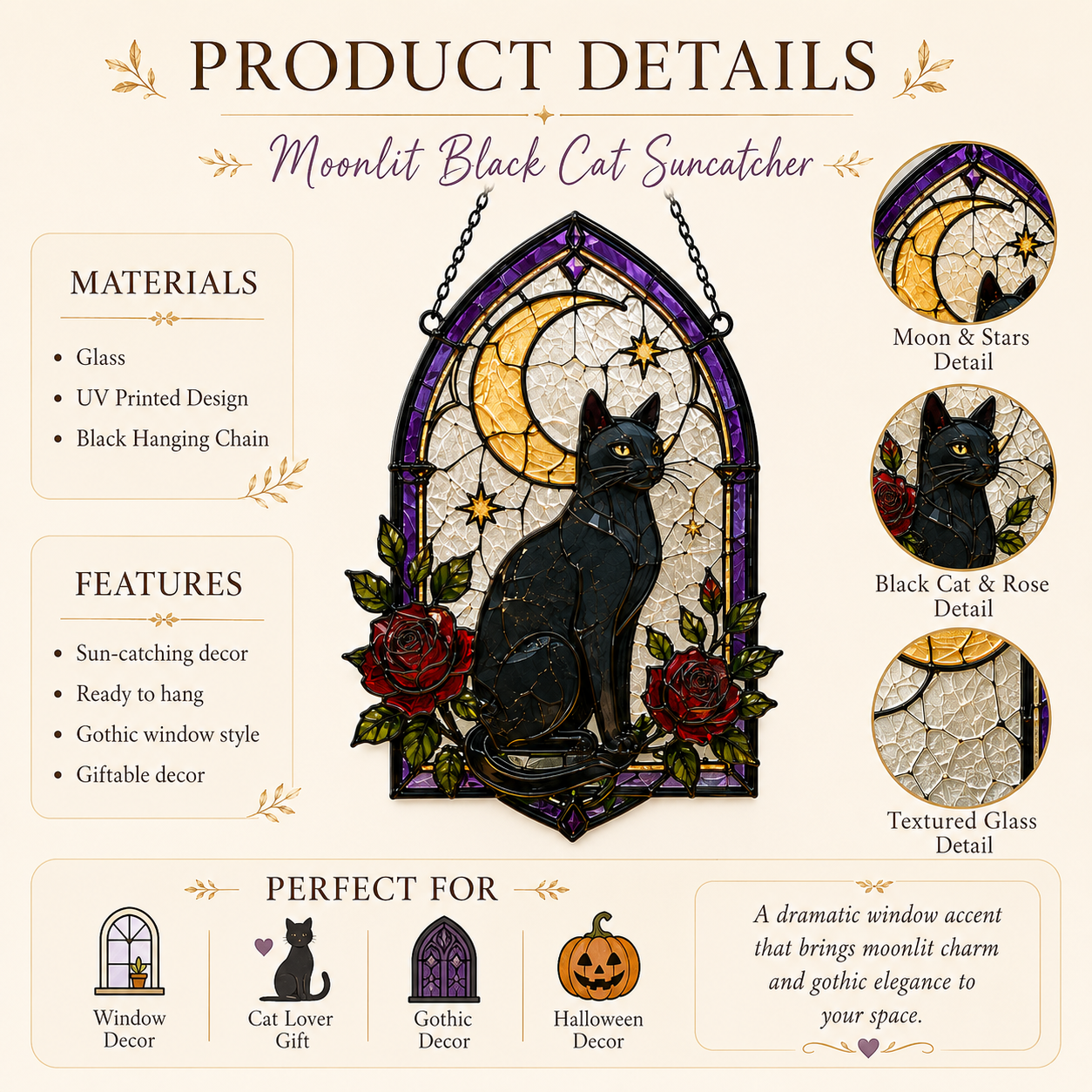 Black Cat Moon Suncatcher | Stained Glass Style Window Hanging | Gothic Rose Cat Decor | Witchy Gift | Car Ornament