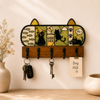 Cute Black Cat Stained Glass Wall Key Holder with 5 Hooks – Entryway Organizer