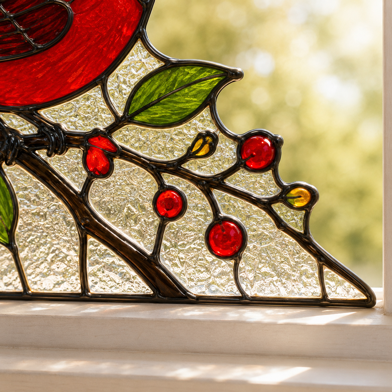 Red Cardinal Stained Glass Window Corner Decor – Bird Hanging Ornament with Berry Branch