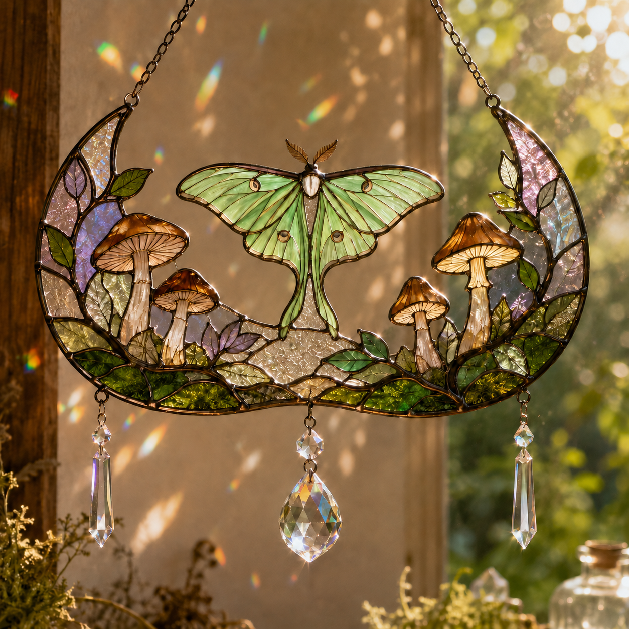 Luna Moth Moon Suncatcher | Stained Glass Style Window Hanging | Mushroom Crystal Rainbow Decor | Cottagecore Gift