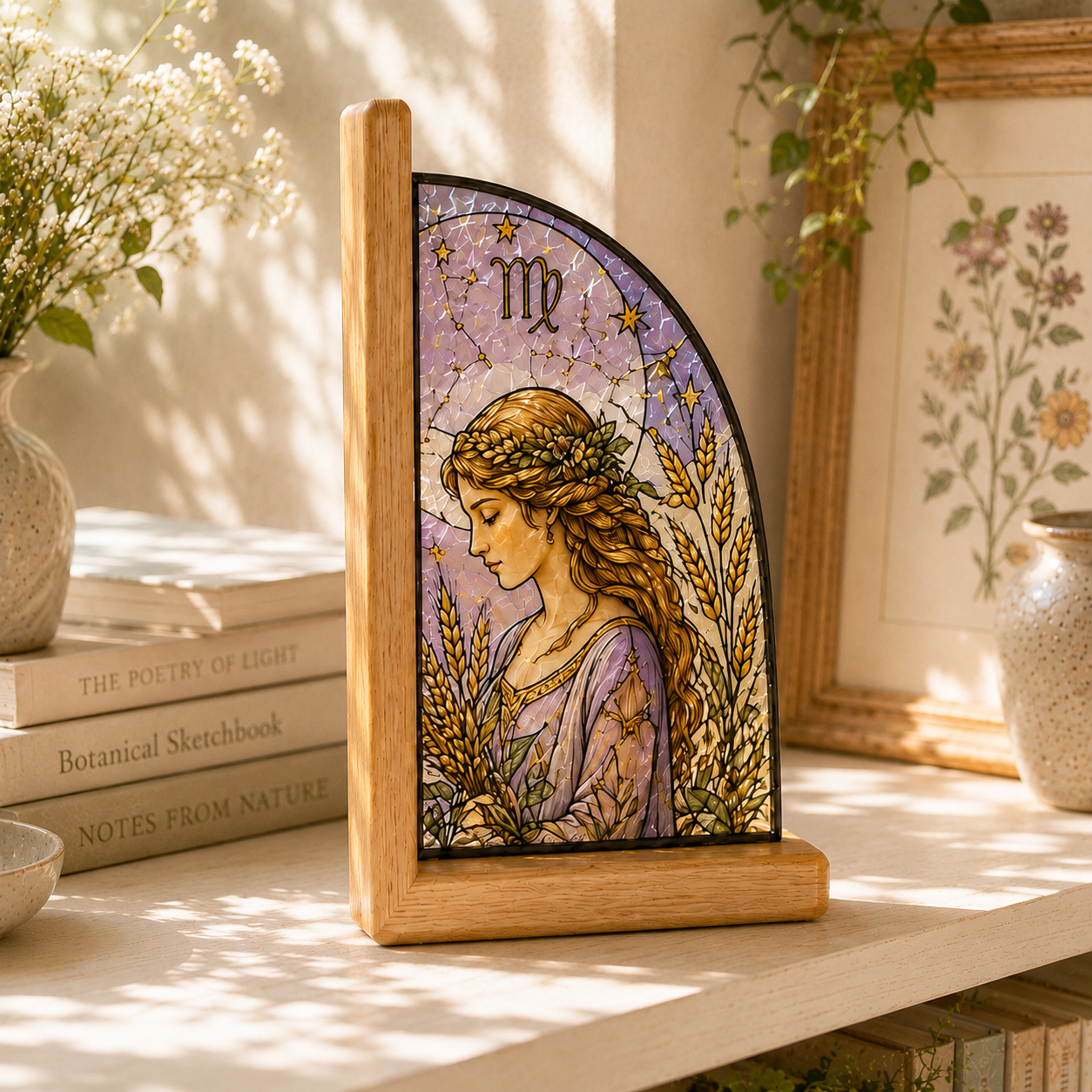 Virgo Zodiac Bookends | Wood Glass Bookend Set | Astrology Bookshelf Decor | Stained Glass Style Book Holder | Virgo Gift
