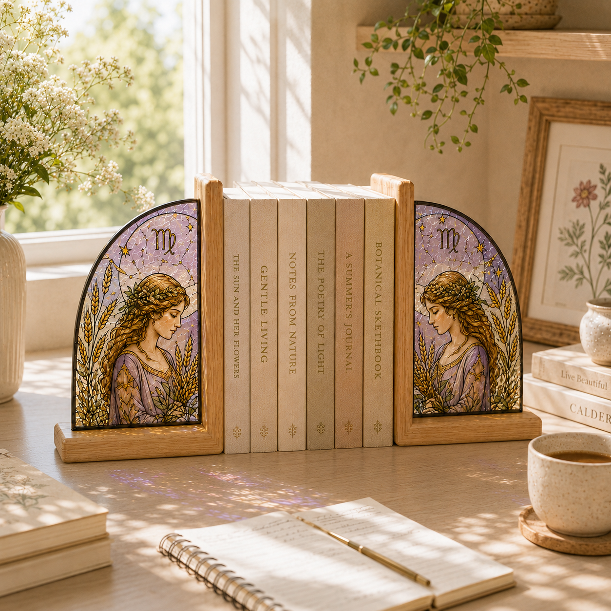Virgo Zodiac Bookends | Wood Glass Bookend Set | Astrology Bookshelf Decor | Stained Glass Style Book Holder | Virgo Gift