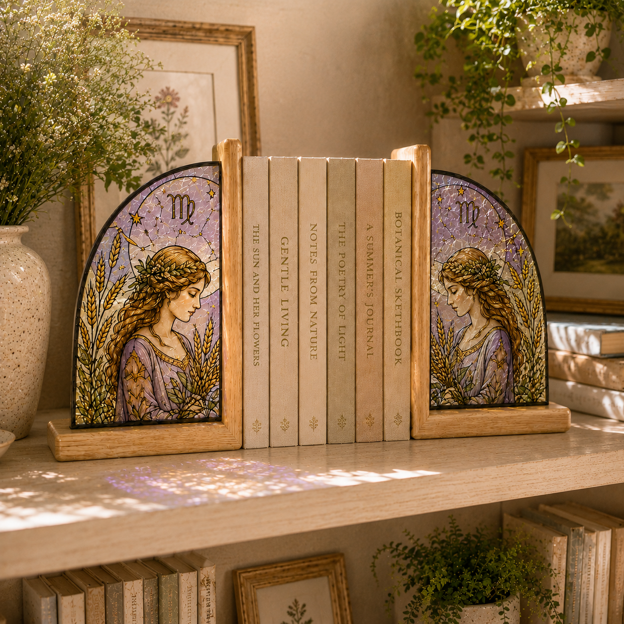 Virgo Zodiac Bookends | Wood Glass Bookend Set | Astrology Bookshelf Decor | Stained Glass Style Book Holder | Virgo Gift