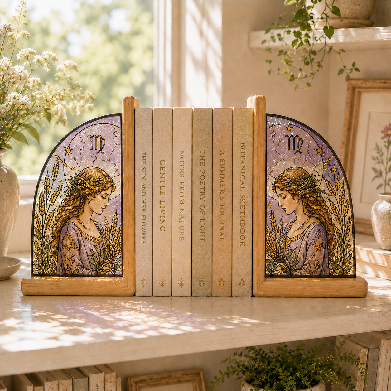 Virgo Zodiac Bookends | Wood Glass Bookend Set | Astrology Bookshelf Decor | Stained Glass Style Book Holder | Virgo Gift
