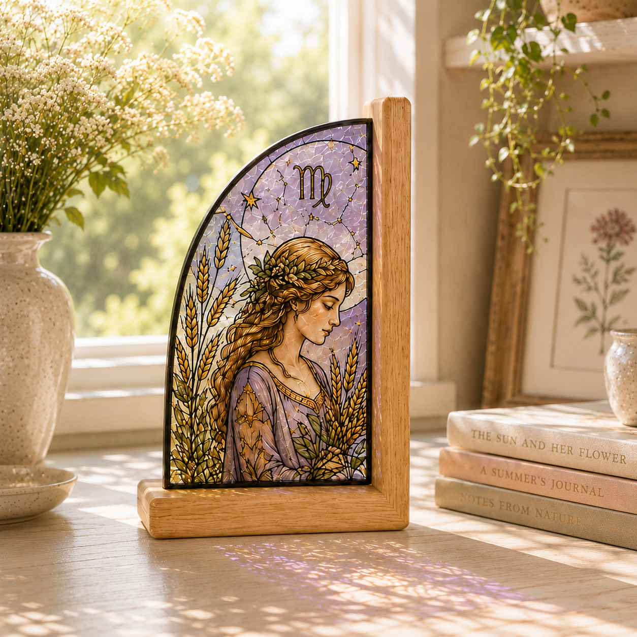 Virgo Zodiac Bookends | Wood Glass Bookend Set | Astrology Bookshelf Decor | Stained Glass Style Book Holder | Virgo Gift