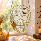 Halloween Witch Hat Skull Suncatcher | Stained Glass Style Window Hanging | Moon Star Gothic Decor | Car Ornament Gift