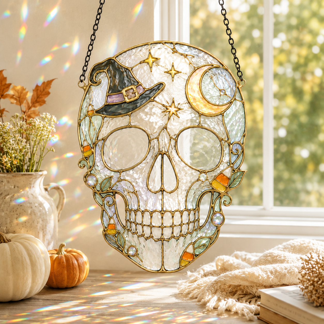 Halloween Black Cat Skull Suncatcher | Stained Glass Style Window Hanging | Pumpkin Moon Gothic Decor | Car Ornament Gift